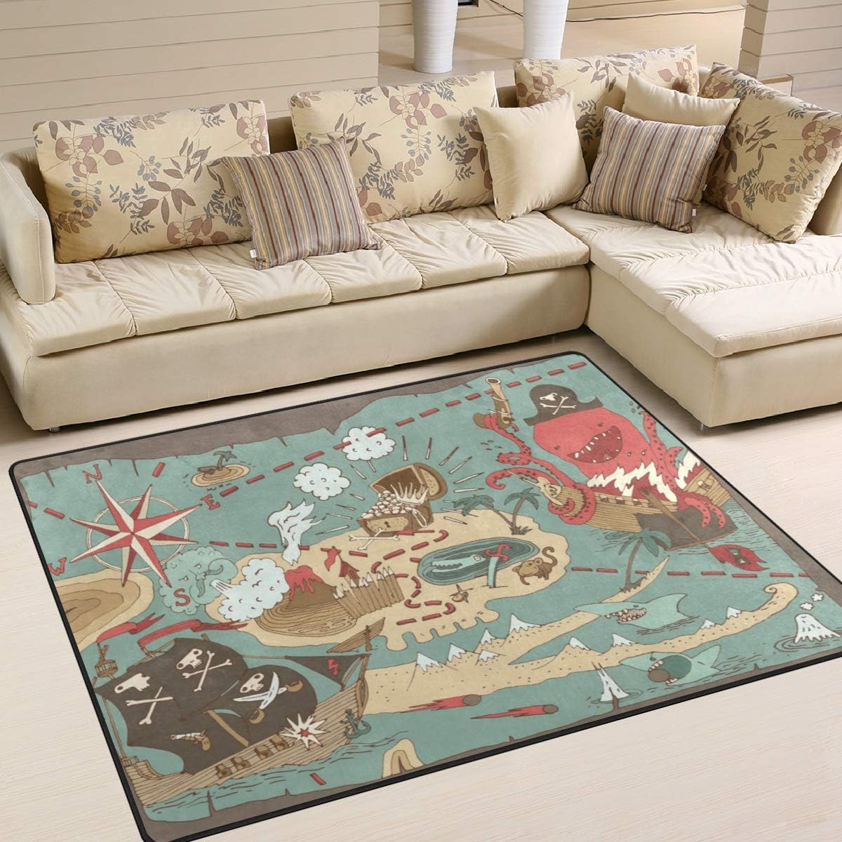 ALAZA Island Treasure Pirate Map Area Rugs Non-Slip Floor Mat for Living Room Bedroom Home Decor