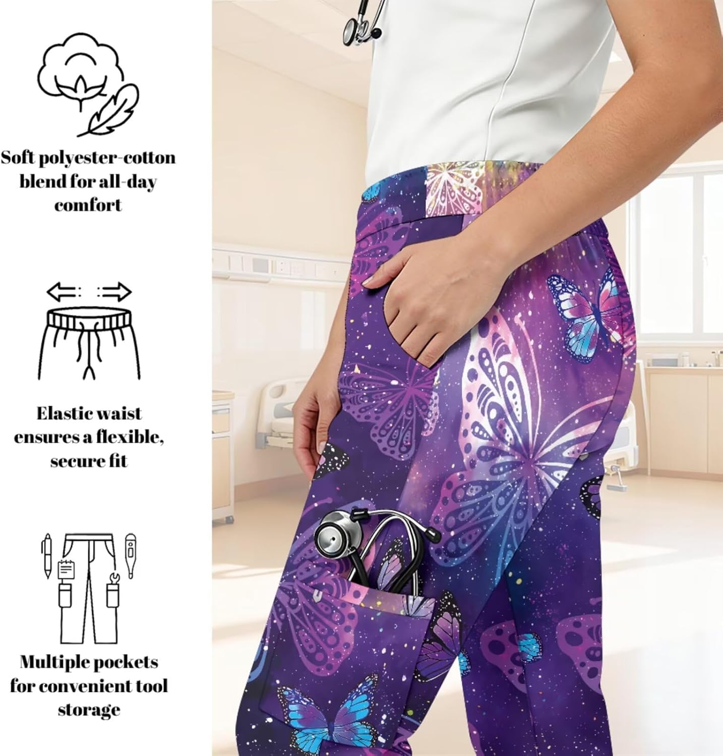 Print Scrubs for Women Set - V-Neck Top and Pants with Pockets Nurse Uniform Fun and Comfortable Workwear