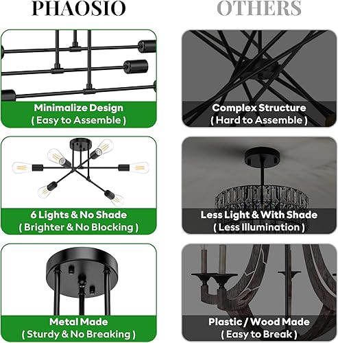 Miniatura 5 de Lámpara de araña Sputnik moderna con 6 bombillas T64, lámpara de techo semiempotrada de 22 pulgadas, iluminación de mediados de siglo de 6 luces