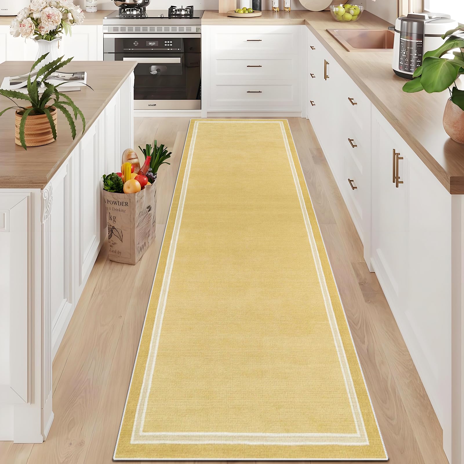 Tapete largo lavable para dar vida a la cocina y el comedor con un diseño amarillo acogedor