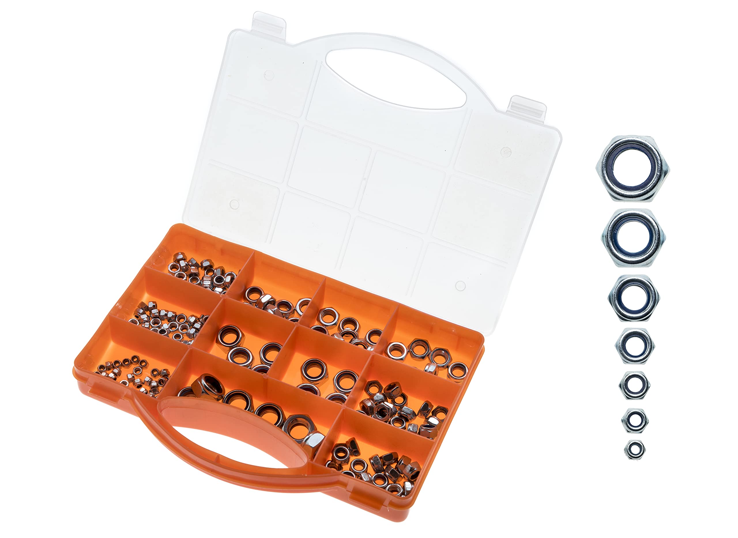 Brackit 198 Pieces Locking Nut Assortment Set; Stainless Steel Hex Nuts with Nylon Insert; Size M3, M4, M5, M6, M8, M10, M12 – For DIY & Motoring Projects