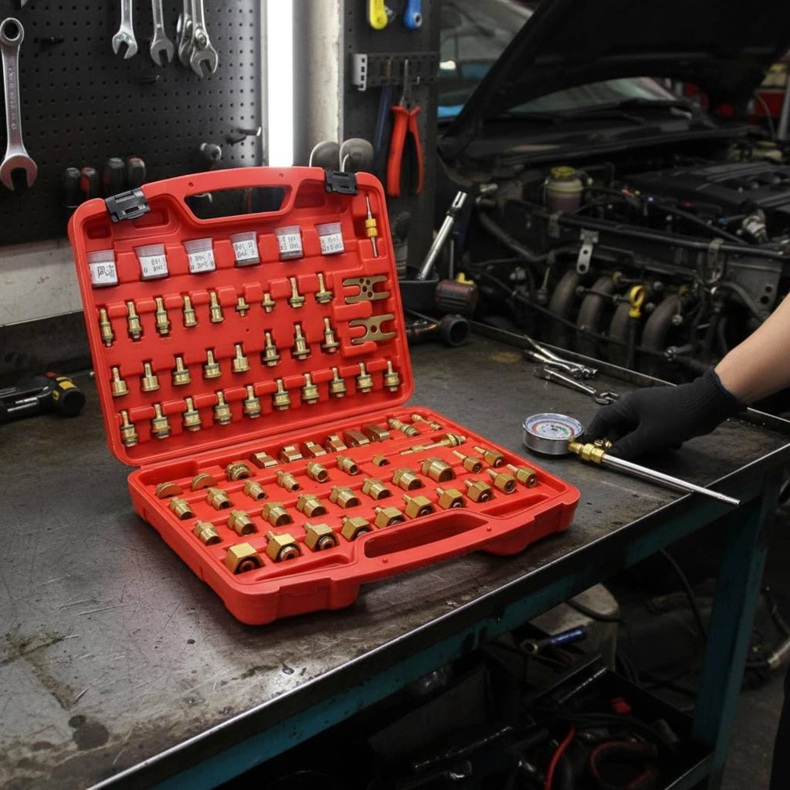 Harilla Rilevatore Perdite Kit Strumento Condizionatore Test Adattatore Sigillante Ottone Box Portatile Adatto per Officina Tecnici Individuazione Perdite Manutenzione