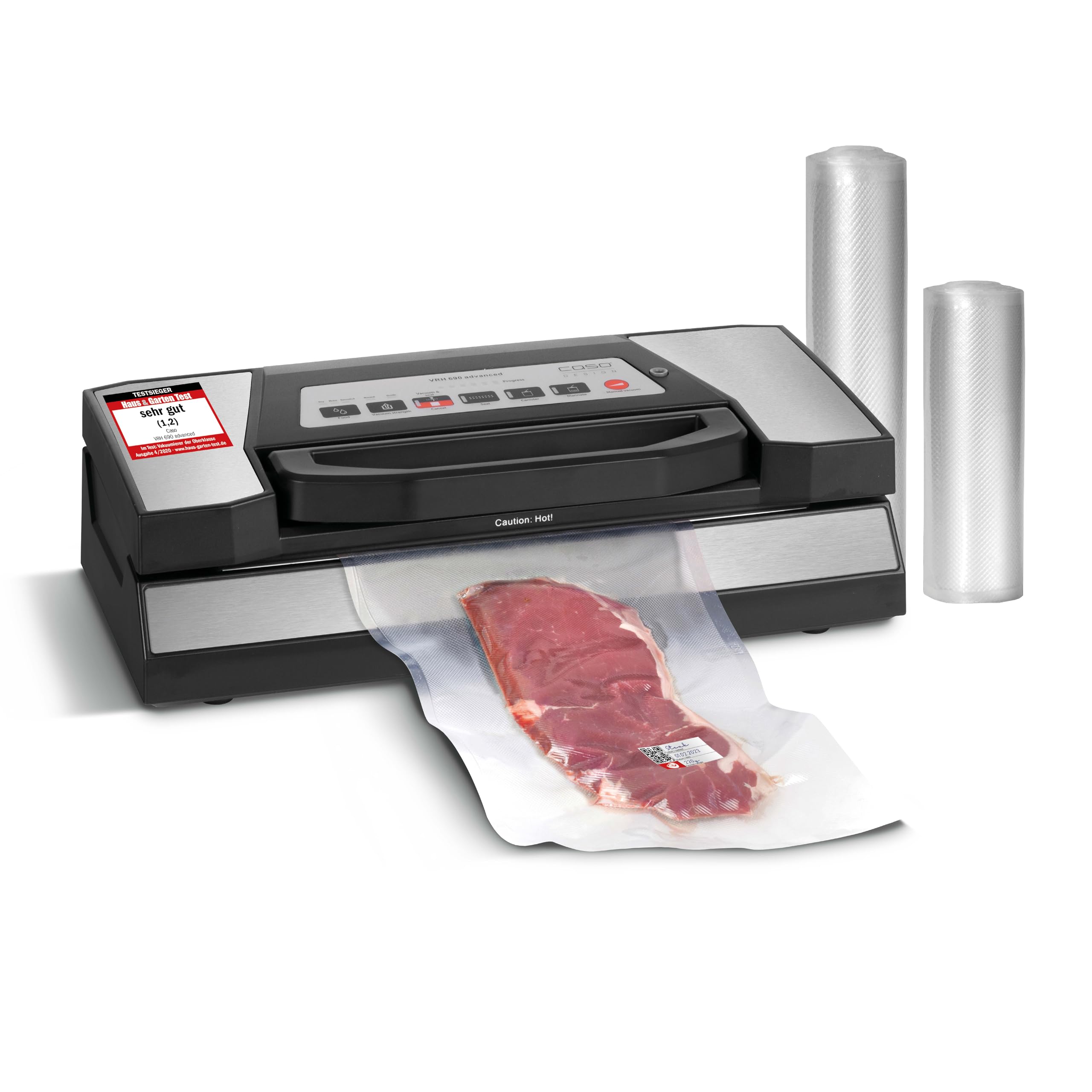 CASO VRH 690 Vakuumierer, Vakuumiergerät für Lebensmittel, 150 Vakuumiervorgänge, doppelte Schweißnaht, 20 L/min, Cutter, inkl. 2 Folienrollen