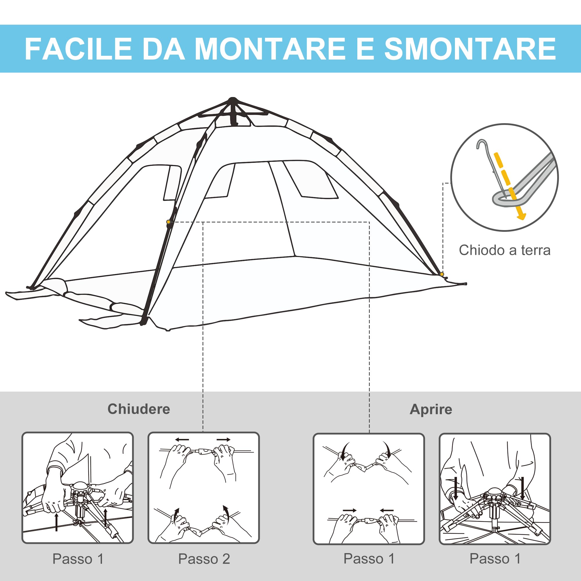 Outsunny Tenda da Spiaggia con Finestre Richiudibili e Porta a Cerniera, 220x173x120 cm