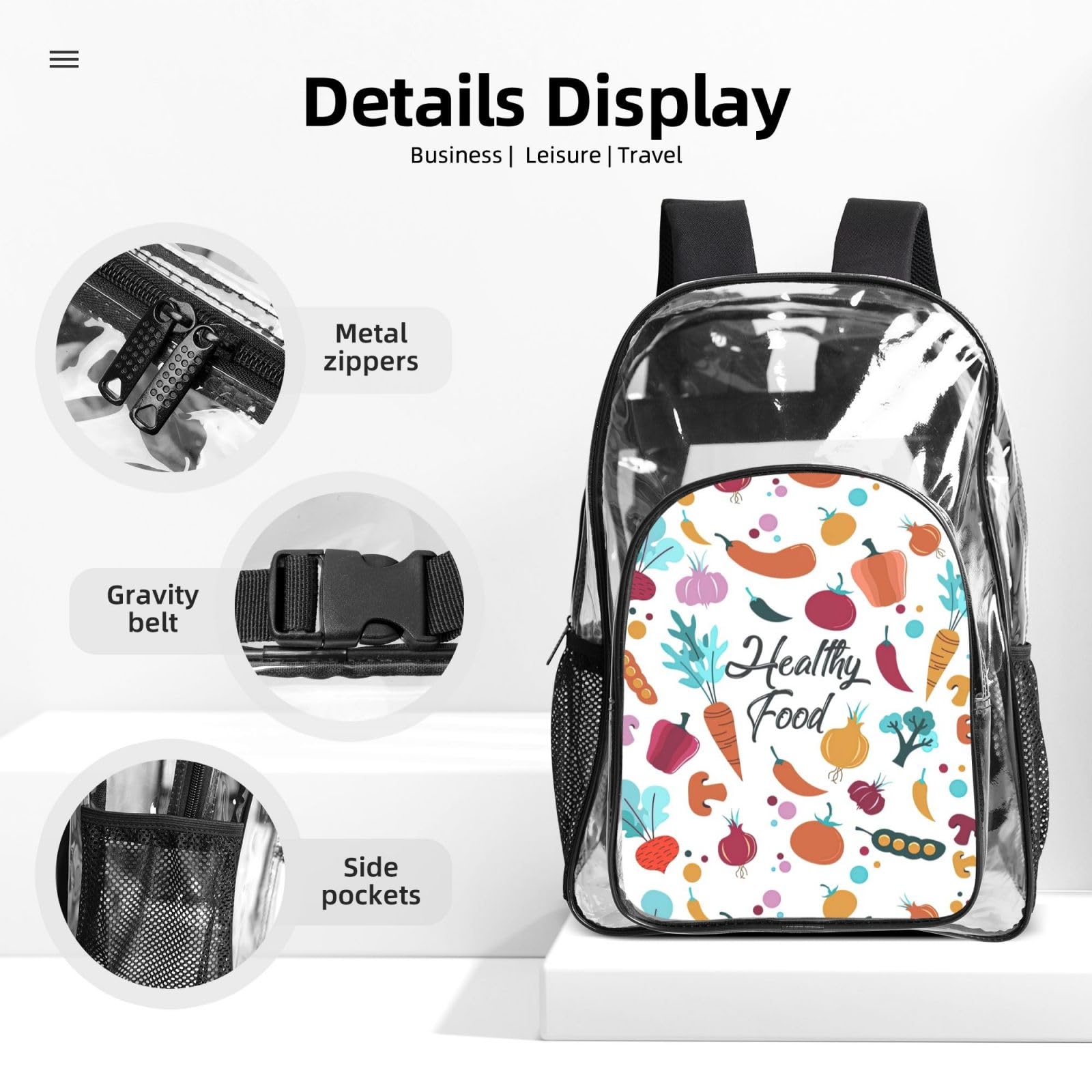 Set di 3 borse trasparenti per bambini, con stampa di alimenti sani, borsa trasparente con borsa termica per il pranzo inclusa