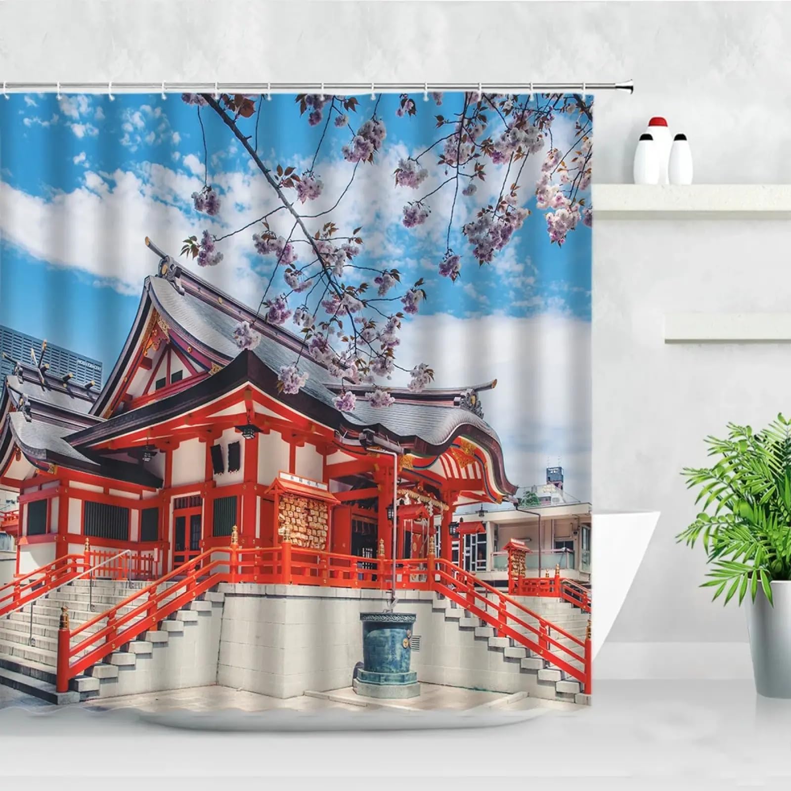 Rideau de douche japonais décoration de maison motif jardin ancien et fleurs de cerisier 100x190