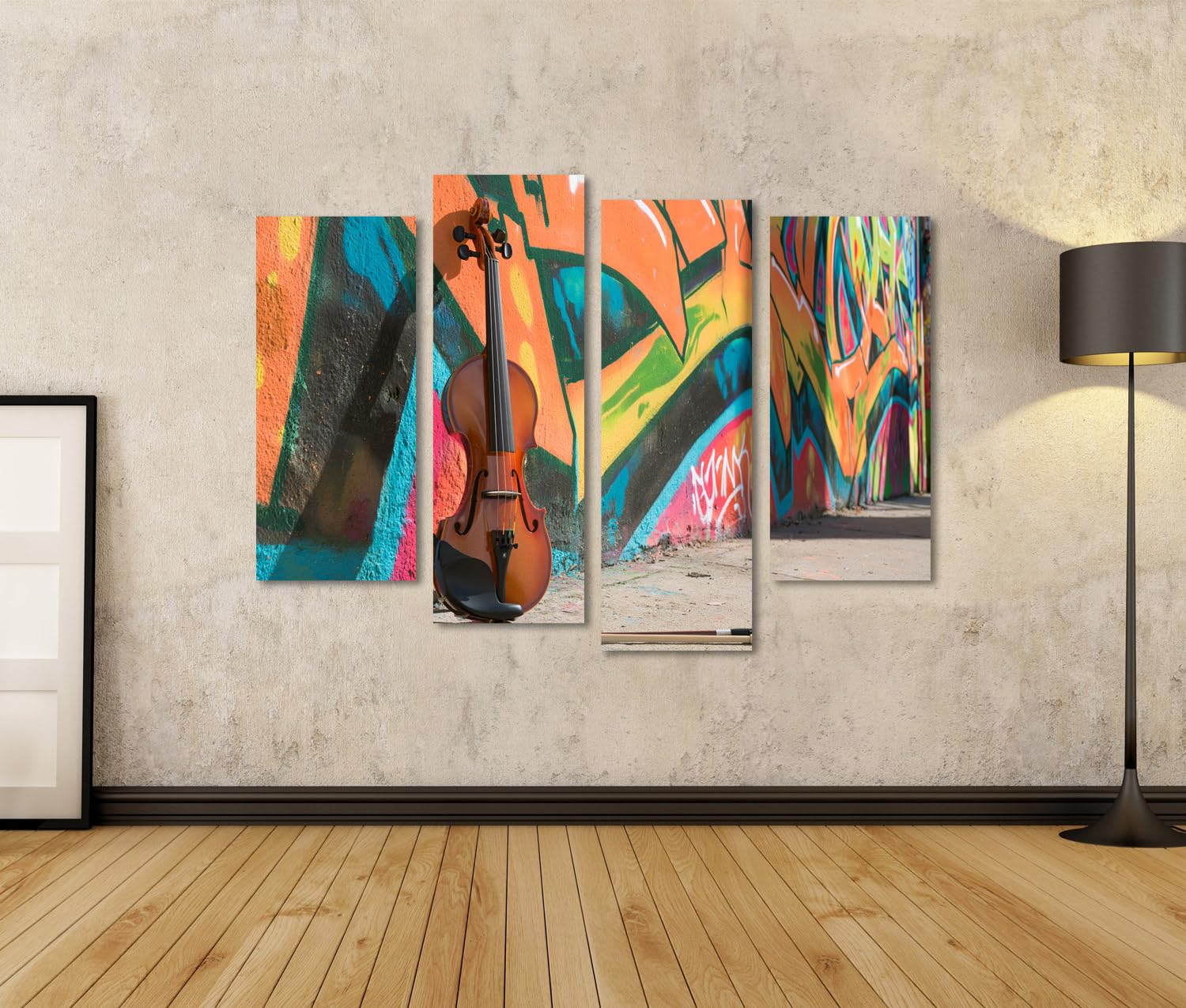islandburner Quadro su tela con violino elettrico e graffiti, decorazione da parete per soggiorno per gli amanti della musica, 4 pezzi