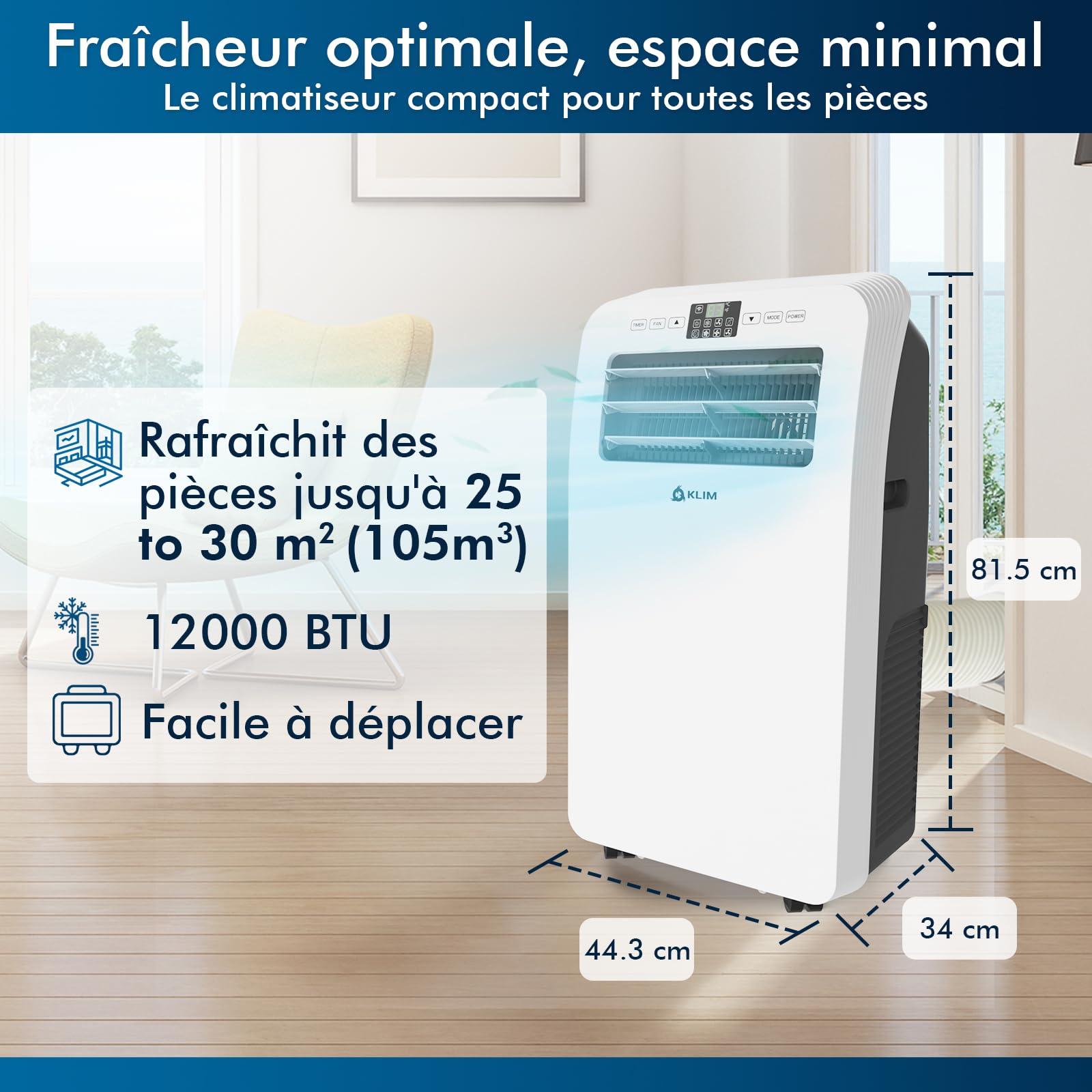 KLIM AC12000 - Climatiseur Mobile 12 000 BTU Puissant & Silencieux - Nouveauté - Déshumidificateur - Ventilateur et Climatisation - Clim Mobile avec Télécommande
