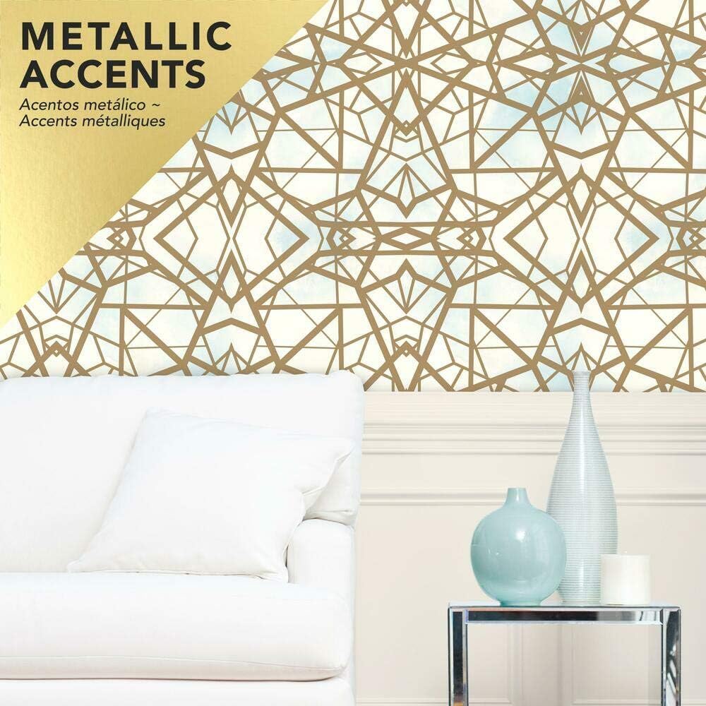 RoomMates RMK10689WP Sky and Metallic Gold Shatter Geometric Peel and Stick Wallpaper 20.5" wide x 16.5 feet