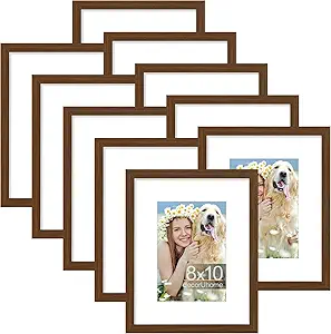 decorUhome 8x10 Picture Frame Set of 10, Display Photos 5x7 with Mat or 8x10 Unmatted for Picture Frames Collage Wall Decor, Brown