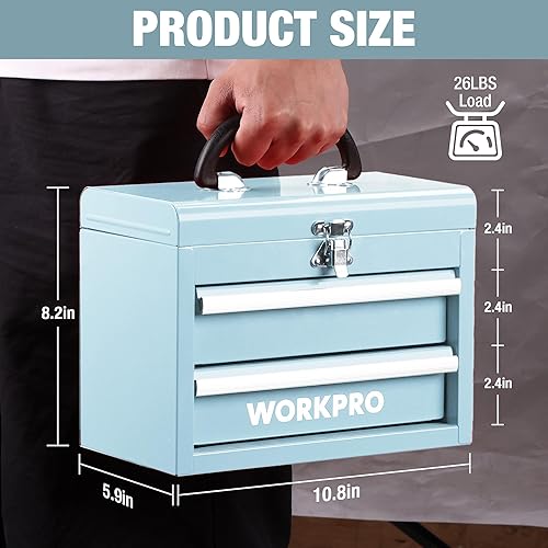 Miniatura 2 de WORKPRO Portable Mini Tool Box, 2 Drawers Metal Tool Chest with Ball Bearing Slides, Top Storage with Latch, Ergonomic Carrying Handle, Mechanic