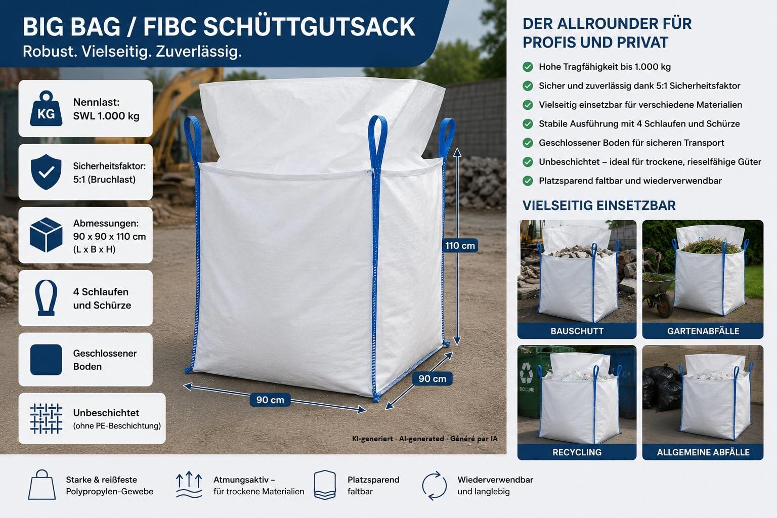 5 Stück Big Bag 90x90x110cm - Säcke für Bauschutt, Holz, Gartenabfall, Sand, Landwirtschaft - Bauschuttsäcke, Tragfähigkeit 1000 kg