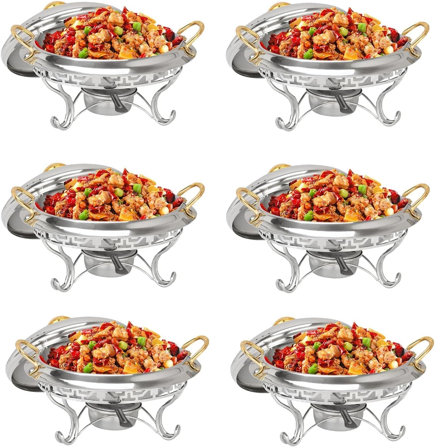 Scaldavivande rotondo placcato oro, confezione da 2/4/6 pezzi in acciaio inox per catering, buffet, riscaldamento, set con supporti per carburante, per ristoranti, feste, matrimoni