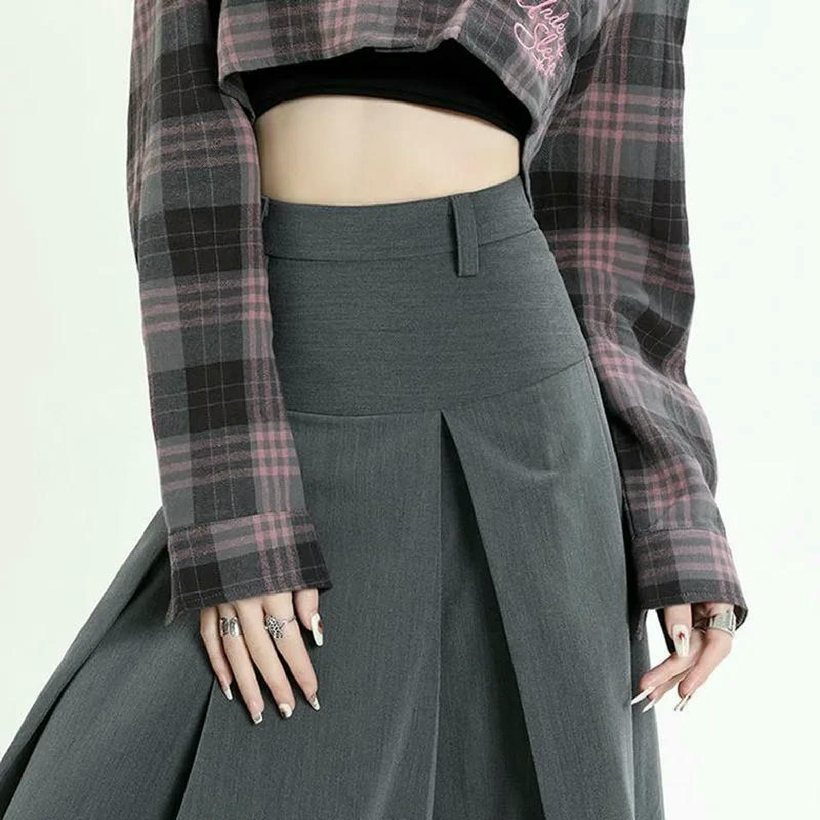 Langer Rock Damen College-Stil Frauen Faltenrock Frühling Sommer Hohe Taille Lange Röcke Frau Grau A-Linie Midi-Rock-schwarz-l