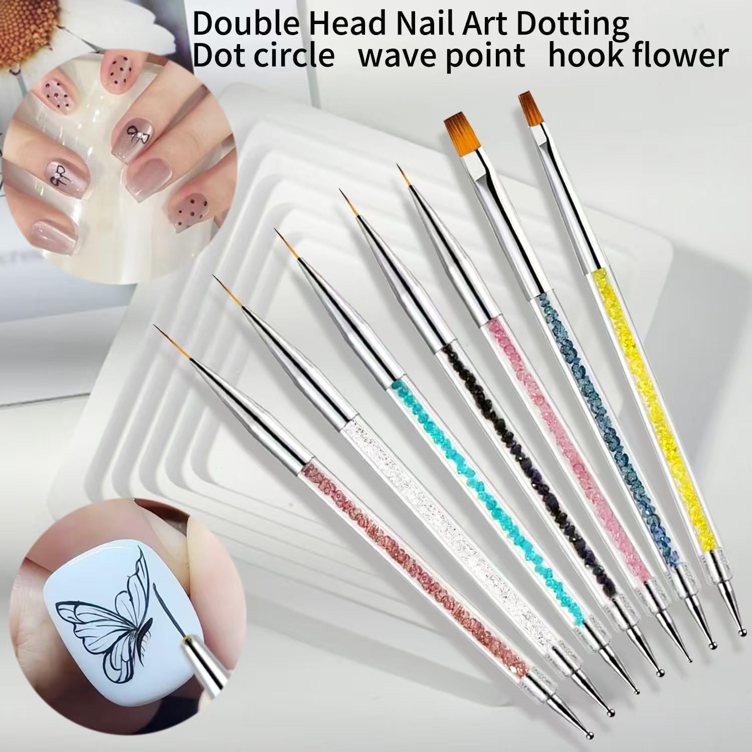 Nagelkunst-Pinsel-Set mit doppelseitigem Strassgriff, 8-teilig, mit rosa Harz-Palette, professionelle 2-in-1-Liner- und Detail-Pinsel für Gel-Nagellack, Maniküre, Nagelkunst-Malerei und Farbmisch-Set