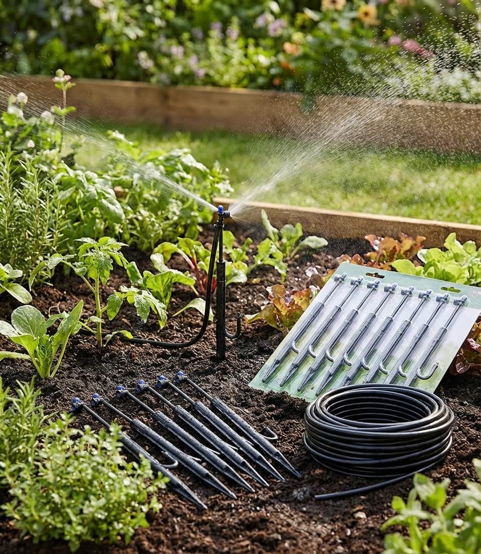 Suinga Microaspersor de Riego 180º Ajustable con Estaca y Microtubo 31 cm | Pack 10 Aspersores de Riego para Jardin | Aspersor de Riego para Plantas y Arriates
