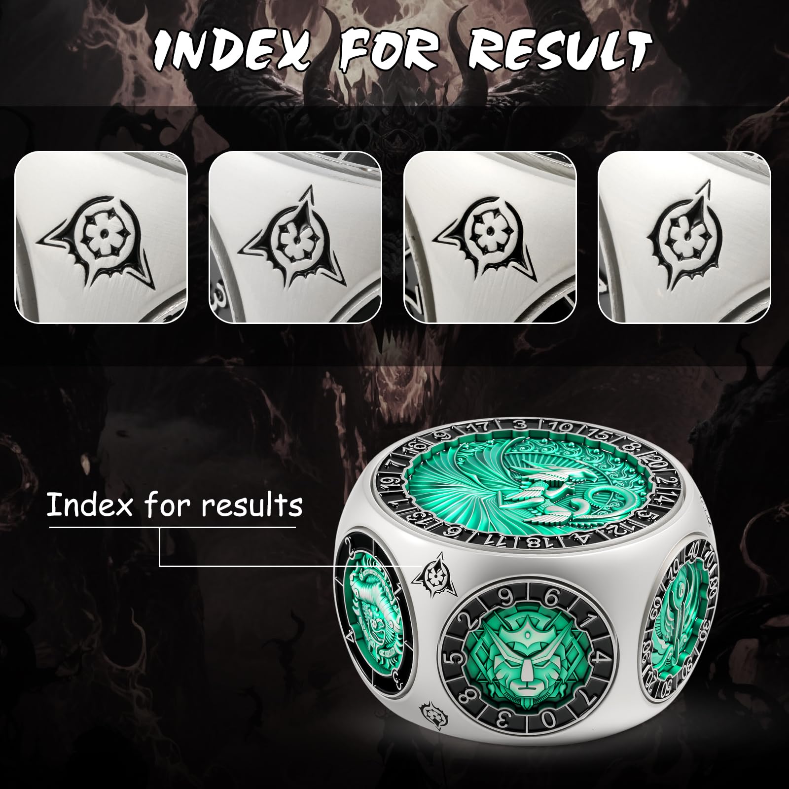 DNDND Dés hexagonaux en métal 8 en 1 avec double D20 sur le thème des monstres pour DND Donjons et Dragons, maîtres de donjons avec boîte cadeau à collectionner (argenté et vert)