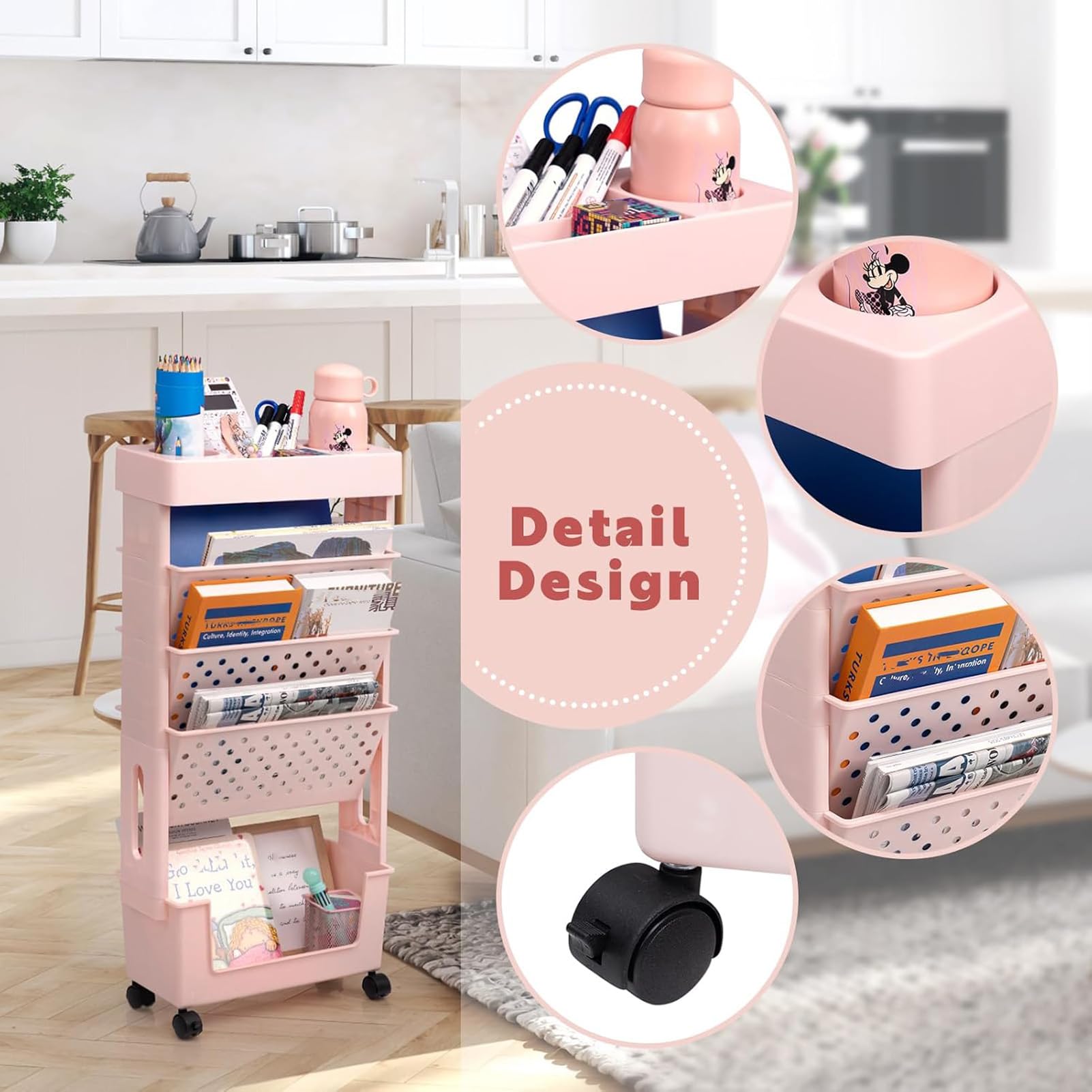 Estantería móvil para niños, carrito estrecho con ruedas para libros, carrito de manualidades de 5 niveles para ahorrar espacio, carrito rodante amarillo para escuela y sala de juegos