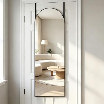 48" x 14" Arched Full Length Door Mirror Adjustable Height Black | Arched Door Mirror Wall Mounted Aluminum Frame Tempered Glass Bedroom & Cloakroom, Closet, Over The Door Hanging