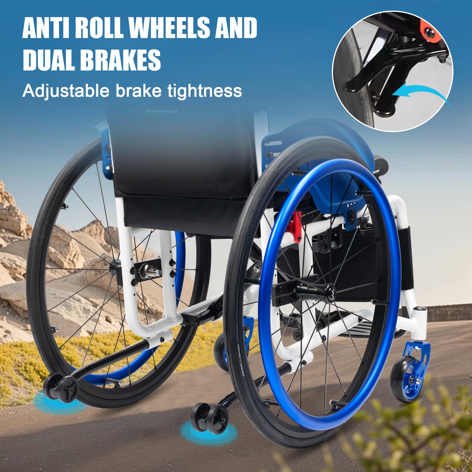 Sedia a rotelle Sportiva, Sedia a rotelle ergonomica Pieghevole per Il Trasporto, Lega di Alluminio Leggera, Ruote Posteriori a sgancio rapido, Design Portatile e Compatto