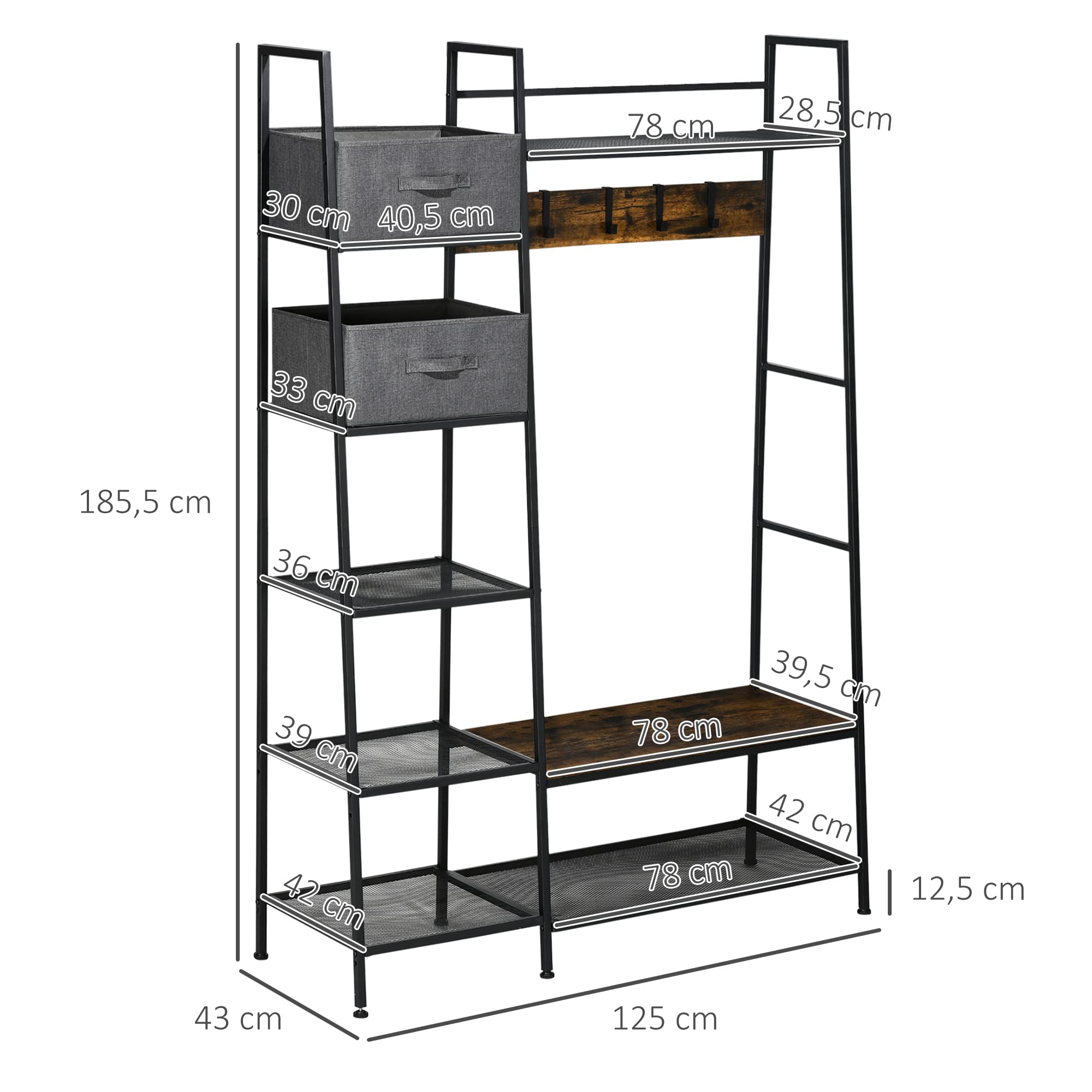 HOMCOM Porte-Manteau Vestiaire 125 x 43 x 185,5 cm Gris Brun Rustique | Meuble d'Entrée Style Industriel, Banc à Chaussures, Étagères, 5 Crochets Détachables, 2 Paniers en Tissu, Acier Bois