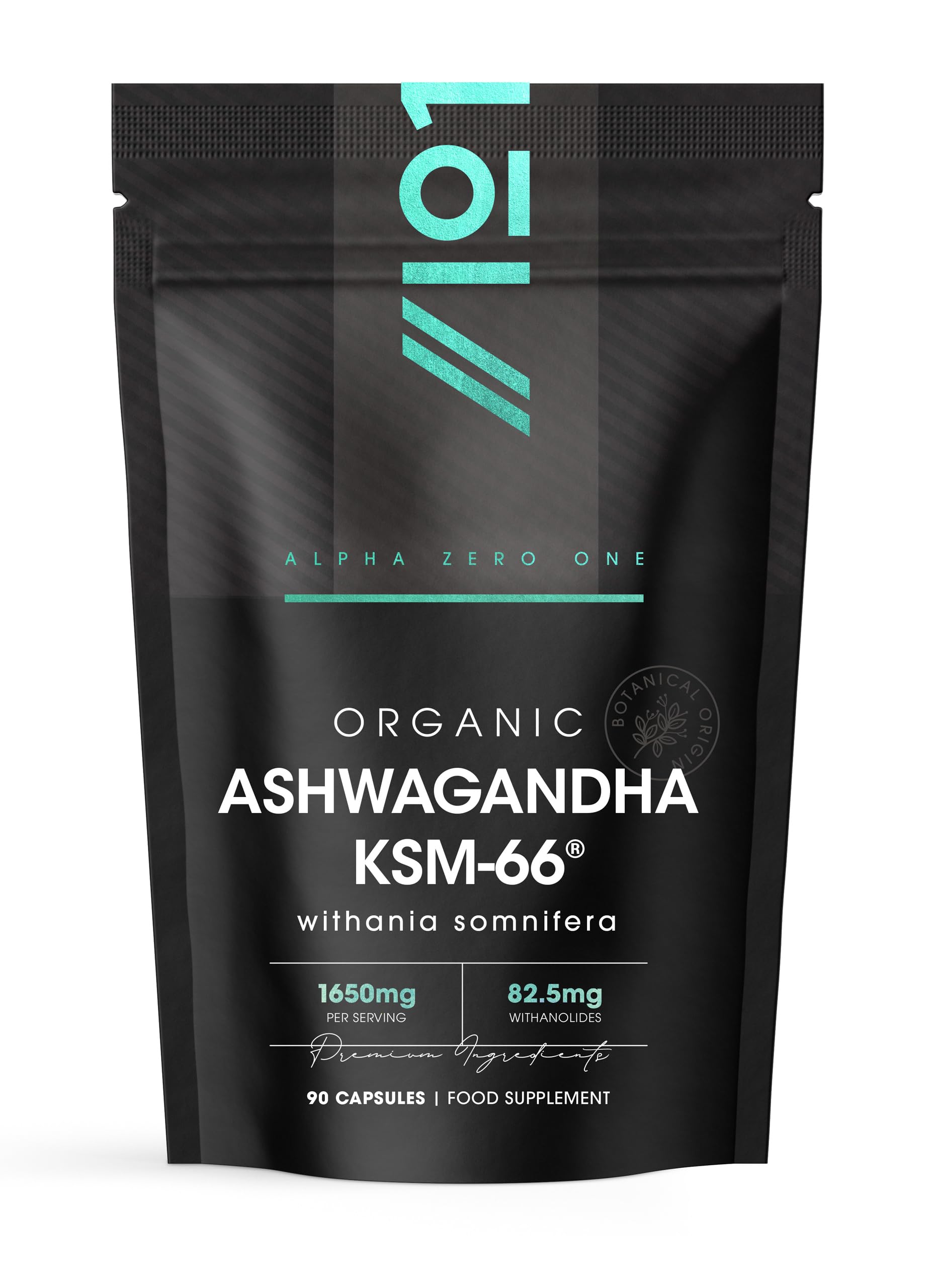 Organic Ashwagandha KSM-66® with BioPerine 1650mg – 90 Vegan Capsules – 5% Withanolides – Most Bioavailable Full-Spectrum Root Extract – Resealable and Recyclable Pouch by Alpha01