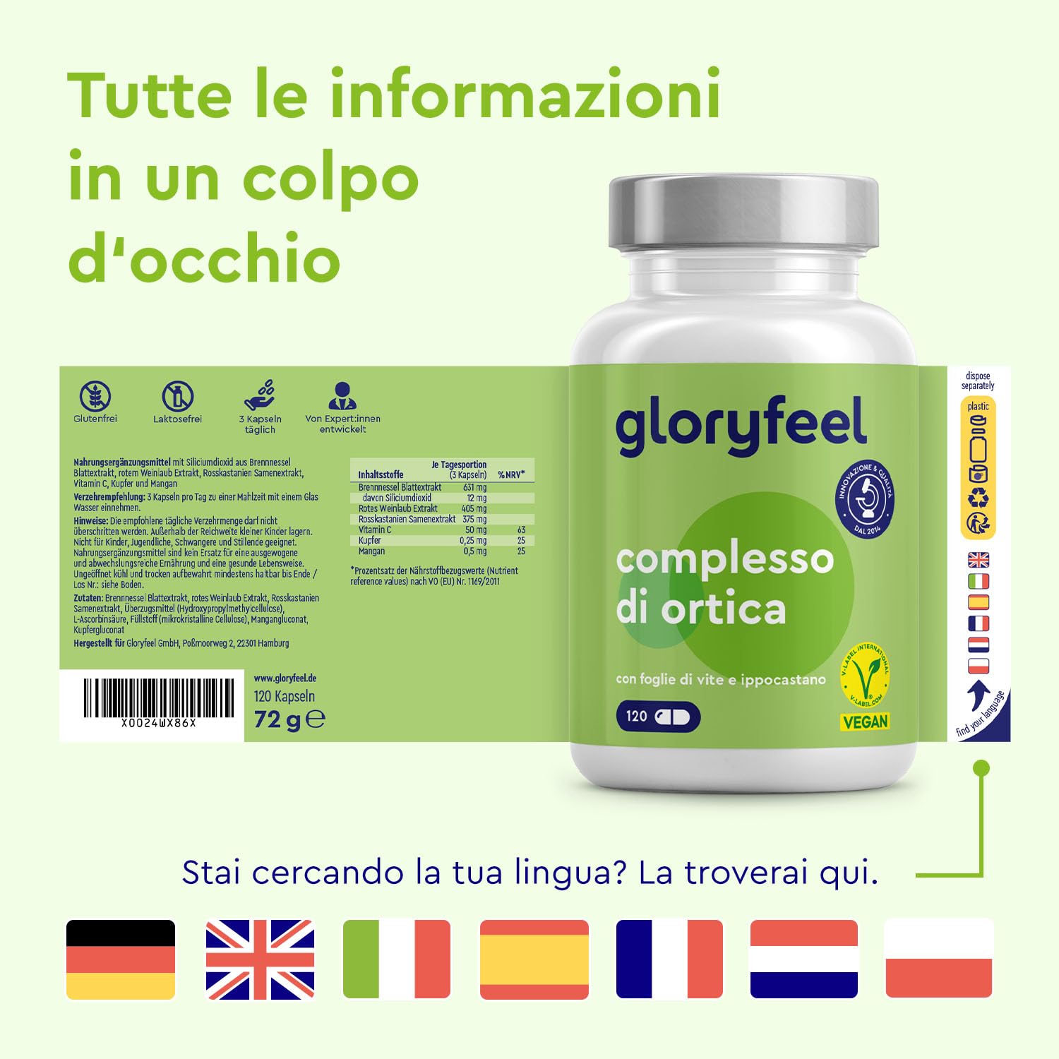 Ortica Capsule Alto Dosaggio – Estratto di Foglie di Ortica 10:1 – Con Ippocastano, Vite Rossa e Vitamina C – 120 Capsule Vegan – Rame e Manganese – Testato in Laboratorio in Germania