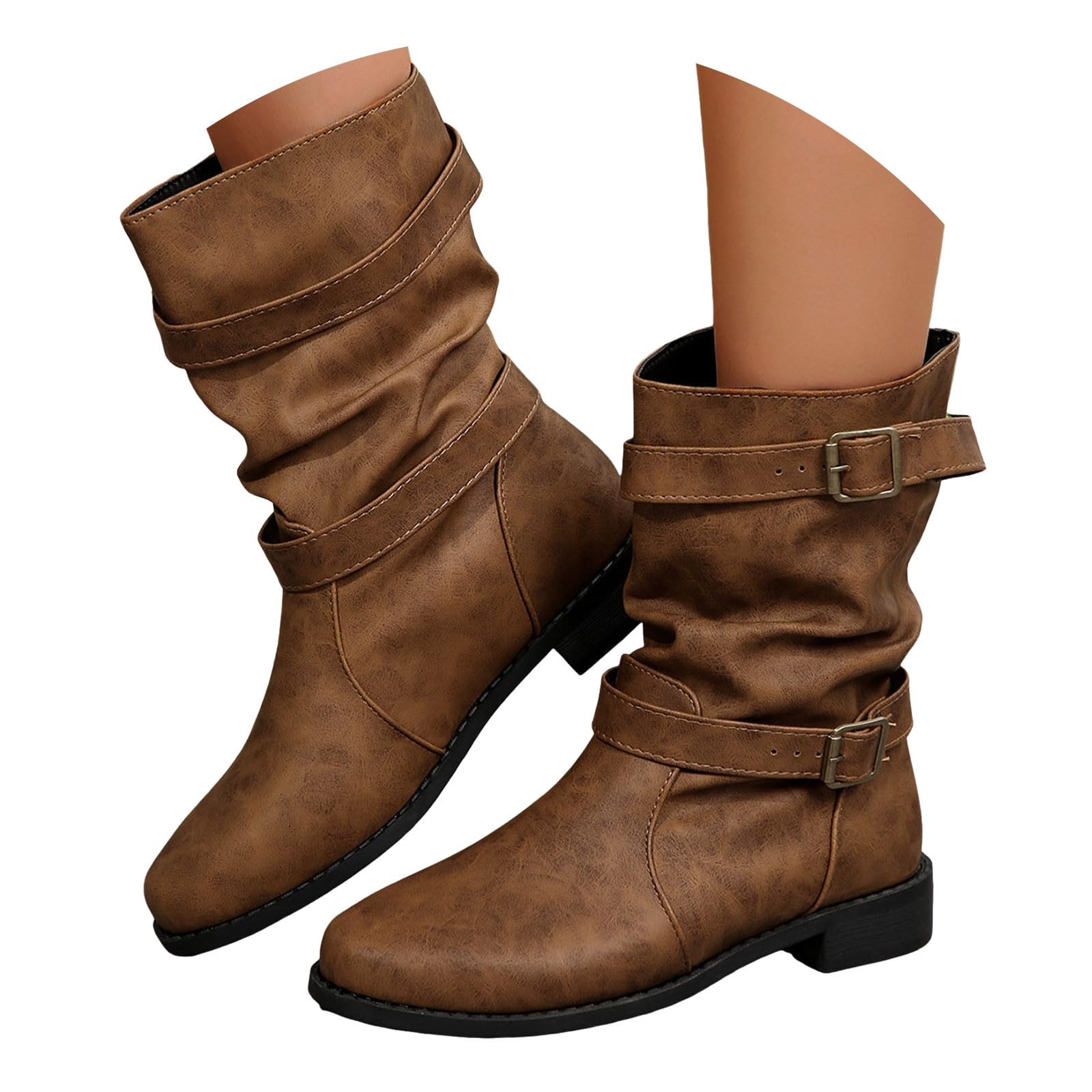 Boots for Women Wide Calf Womens Slouchy Short Low Heel Pull On Booties Fashion Belt Ruched Round Toe