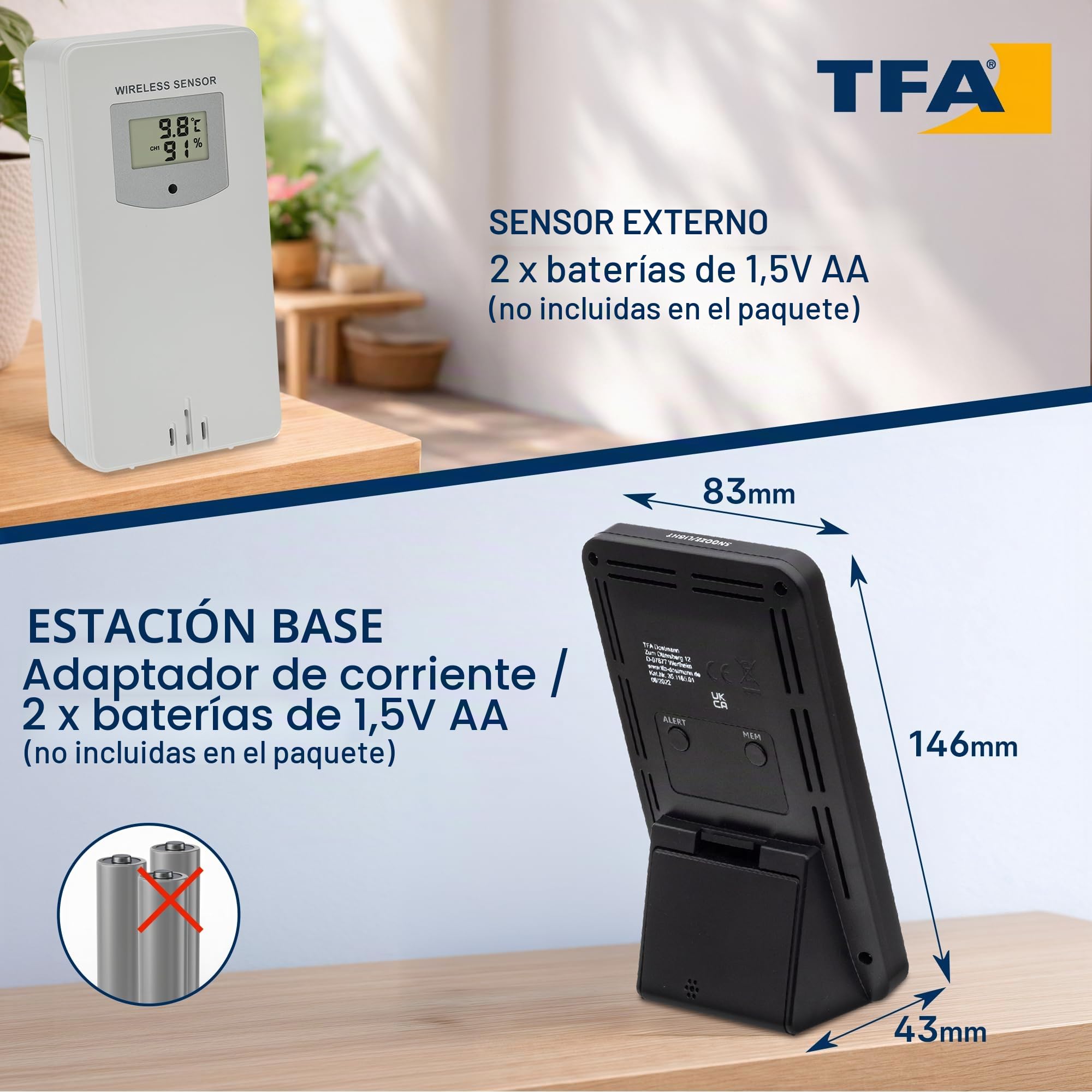 TFA Dostmann Estación meteorológica inalámbrica 35.1165.01, pronóstico y símbolos, presión con gráficos, fase lunar, max/min, exclusiva en Amazon, negro