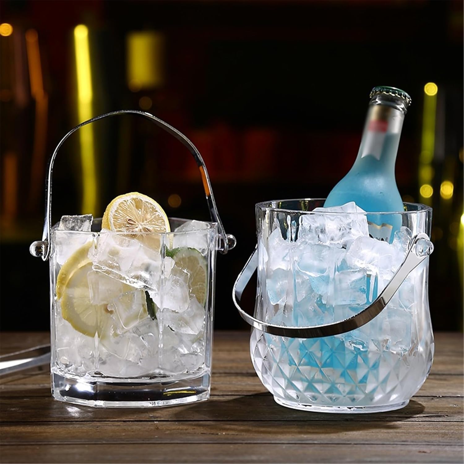 氷のバケツ 1.1L ガラス製アイスバケツ（ハンドル付き）八角形シャンパンバケツ（バーパーティー用）