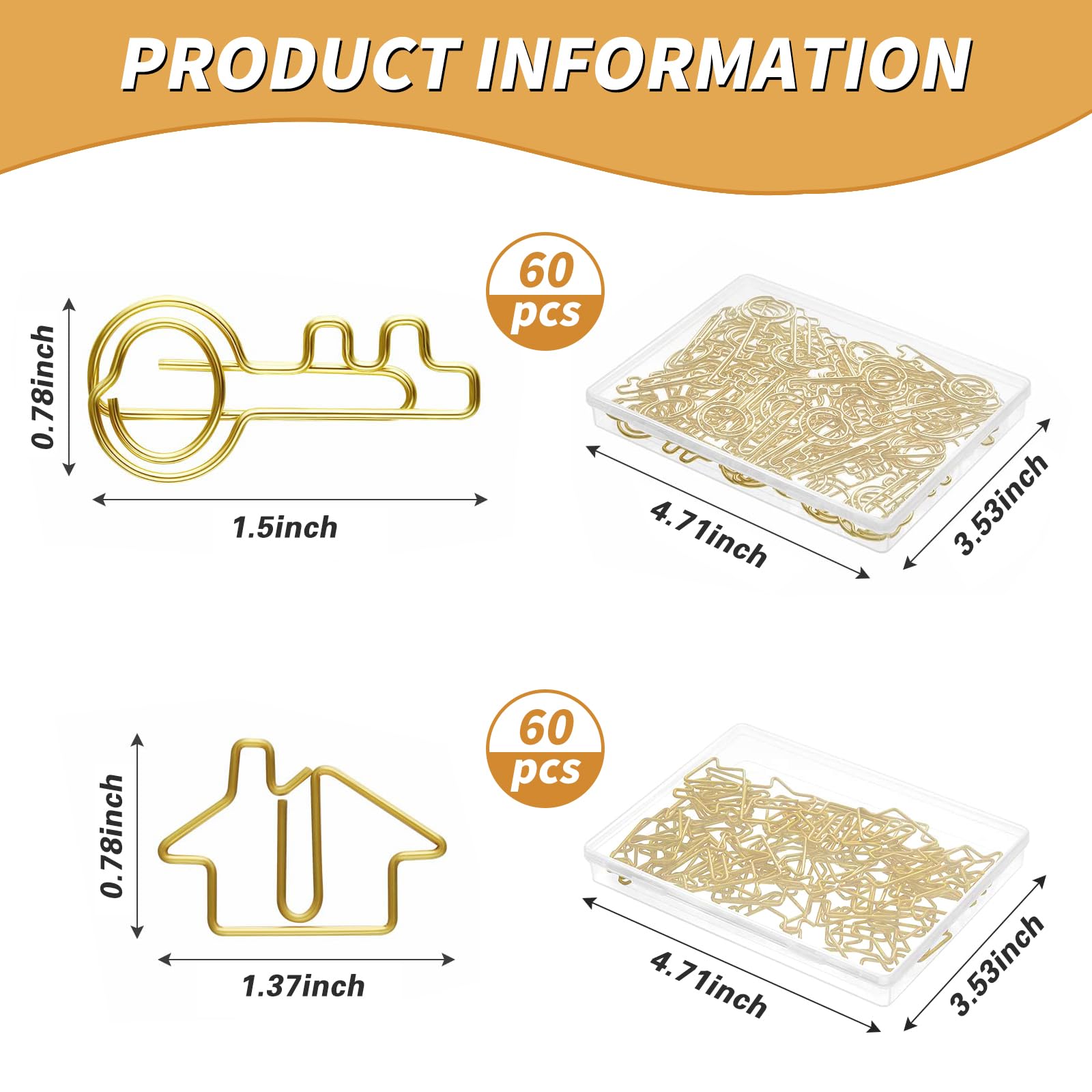 Hesena 120 Pcs Paper Clip Set, 60 Pcs House & 60 Pcs Key Shaped Paperclips for Office, Real Estate Agent,Realtors Gifts (Gold)