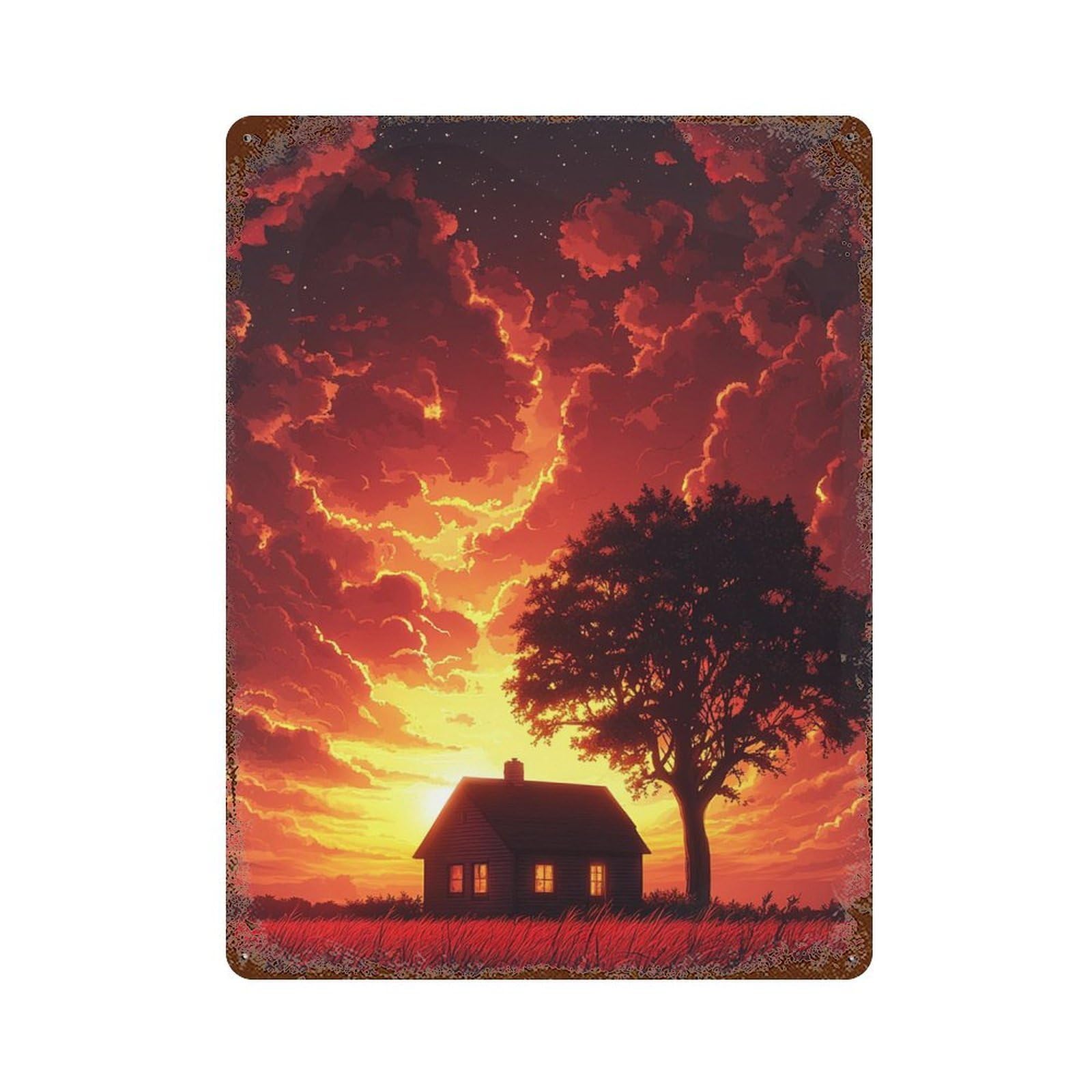 Rust Effect Red Sunset Cottage Scene Distressed Metal Wall Sign 15.7"x11.8", Farmhouse Wall Decor for Office, Studio And Wall Decor