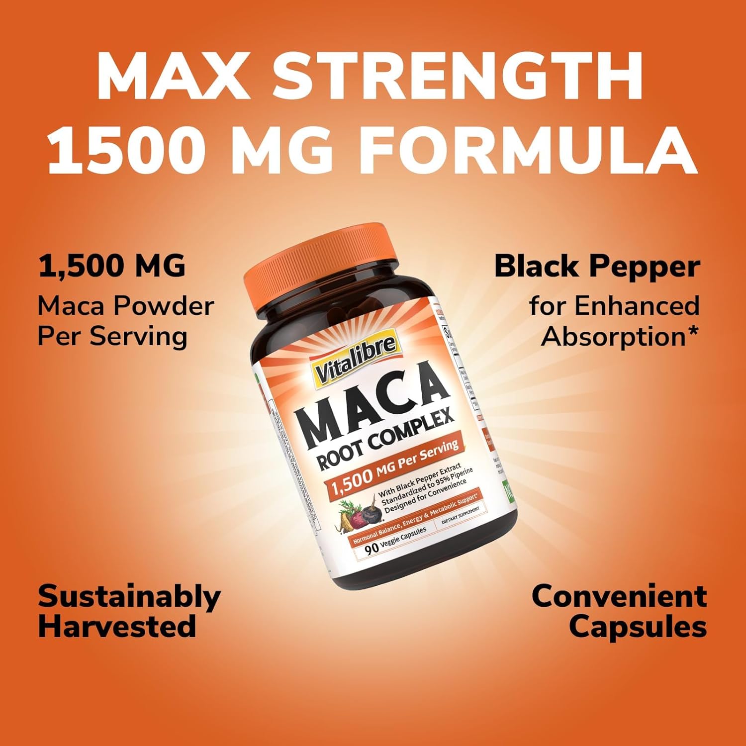 Maca Root Capsules for Women & Men, 1500 mg Maca Root Per Serving, with Black Pepper for Max Absorption, 95% Piperine, Vitality, Mood, Metabolic Support, 90 Capsules - Image 7