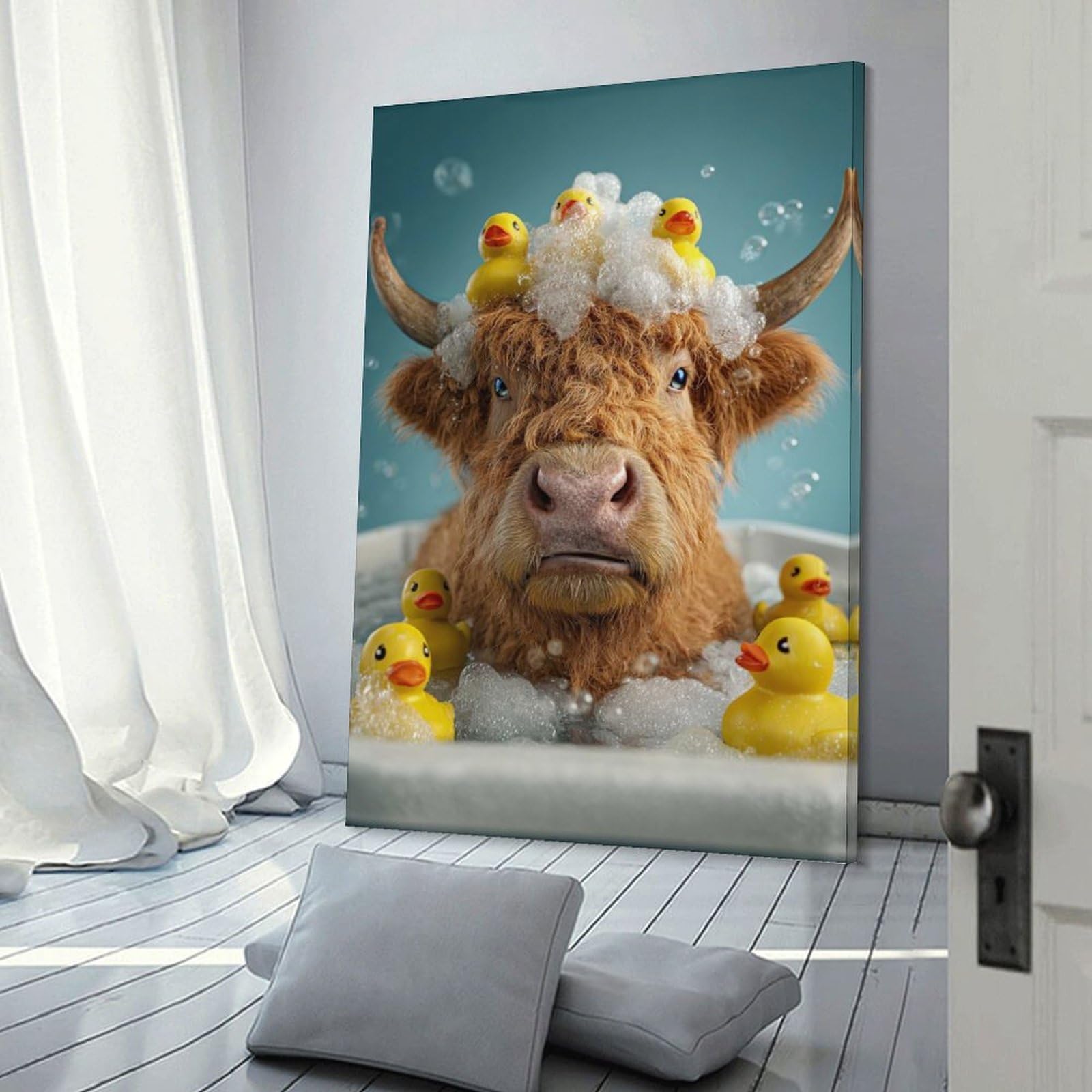 Junmoney Highland Cow Bath Time with Ducks Canvas Wall Decor 20x30inch(50x75cm), for Corridors, Hallways Or Apartment Entries, A Stylish Accent for Home Entrances
