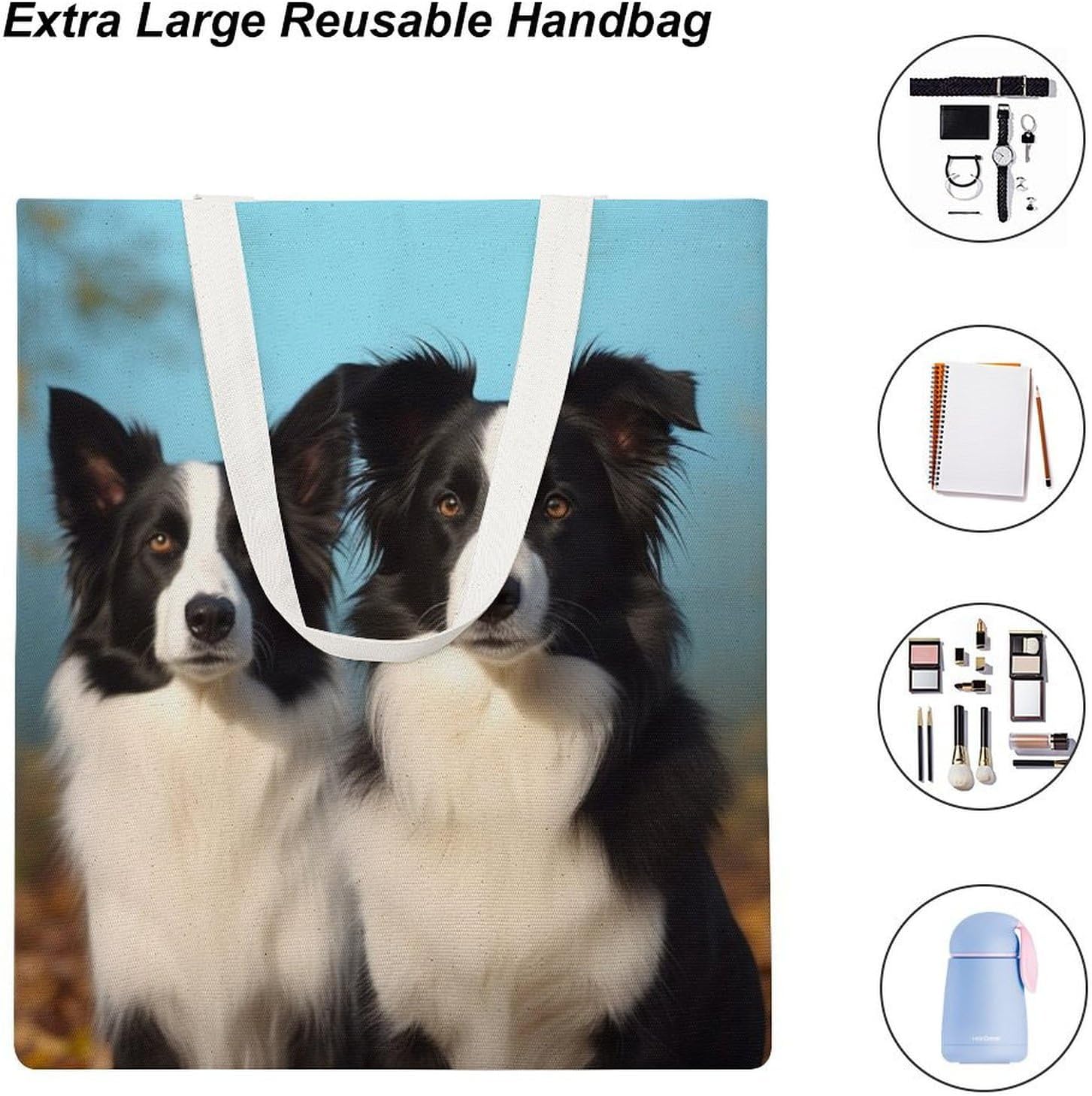 Canvas Tote Bag 16x15 In Lightweight Foldable Shoulder Hobo Purse | Border Collie, Casual Tote with 10" Strap, Everyday Carryall, for Travel Work Grocery Shopping Beach Mark Gym Yoga