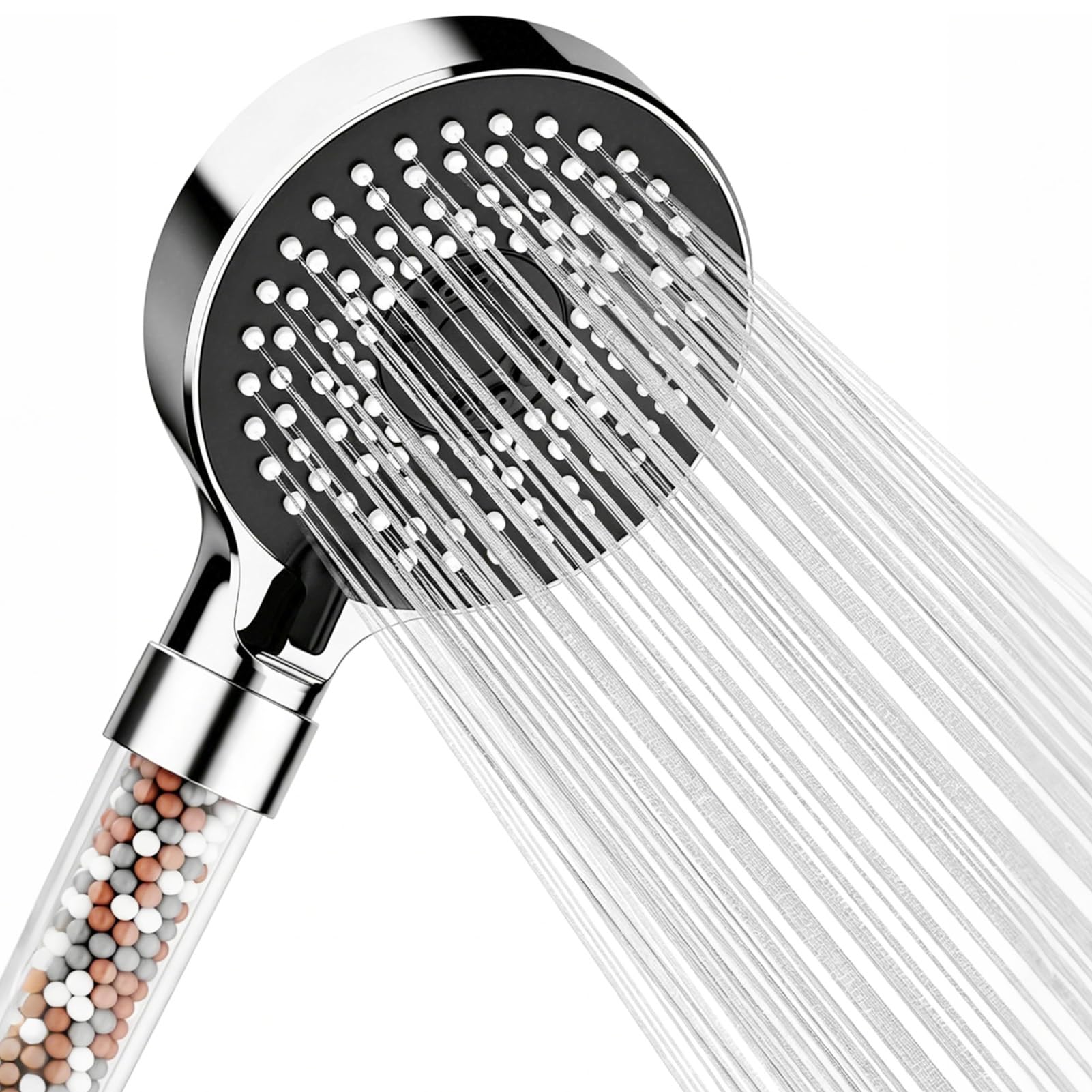 Filter Shower Head with Replaceable Beads, High Pressure Shower Head with 5 Spray Modes, Universal Shower Head Filter for Hard Water UK, Handheld Shower with Anti Limescale Nozzles Fit G1/2 Head