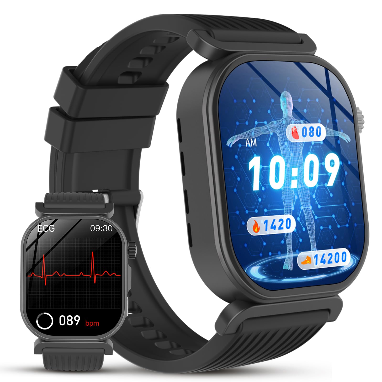 Smartwatch con ECG/HRV/Acido Urico/Pressione Sanguigna/Sonno, Android iOS | 1.88" Orologio Fitness con 24H Cardiofrequenzimetro/SpO2/Micro-Check-up/BMI/Temperatura/Pulsante SOS, Chiamate, IP68, Nero