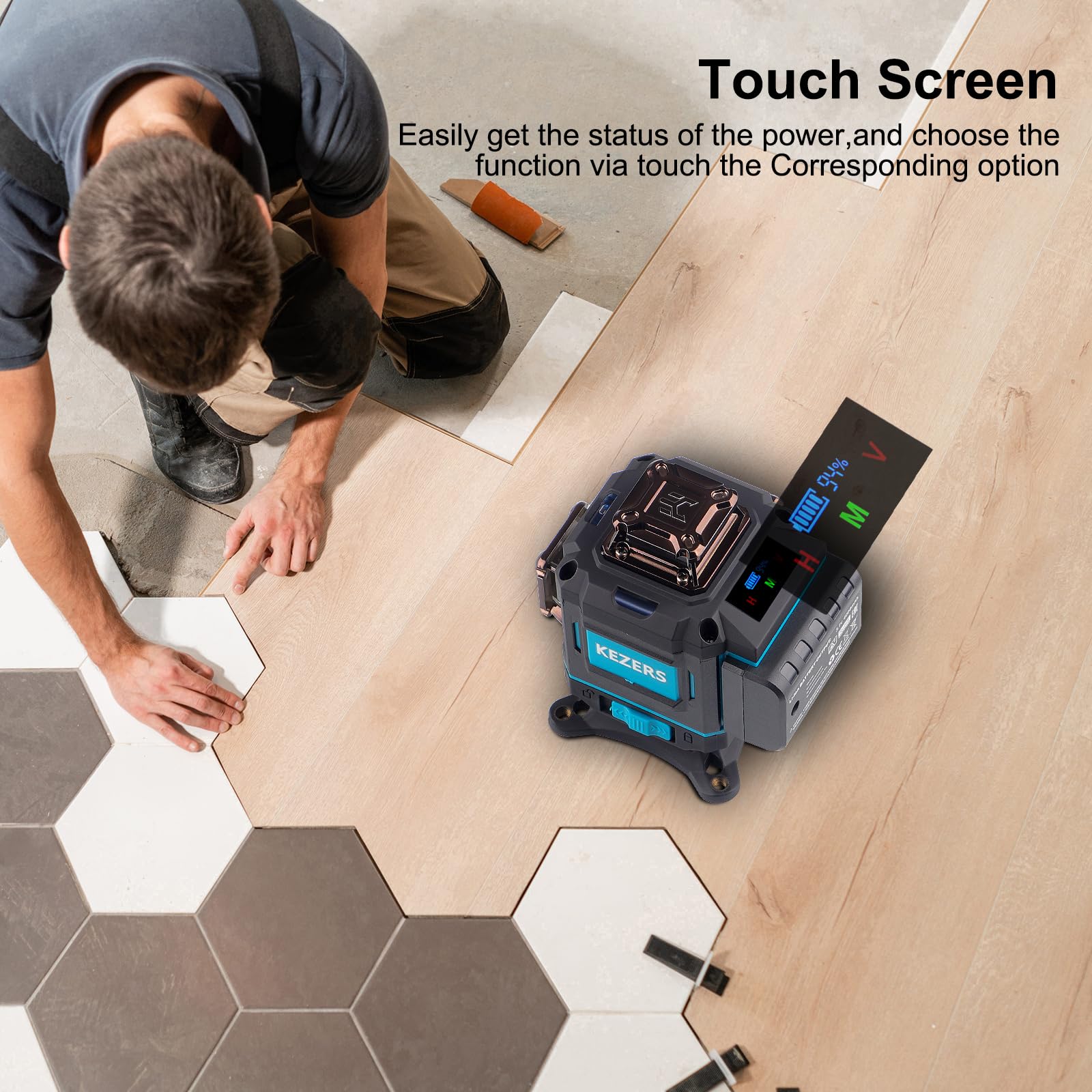 KEZERS Láser de Líneas Cruzadas Verde 4x360°, Nivel de Burbuja Láser Autonivelante 16 Líneas, Láser de Líneas Cruzadas con Pantalla, Mando a Distancia, Soporte de Pared, para Interiores y Exteriores