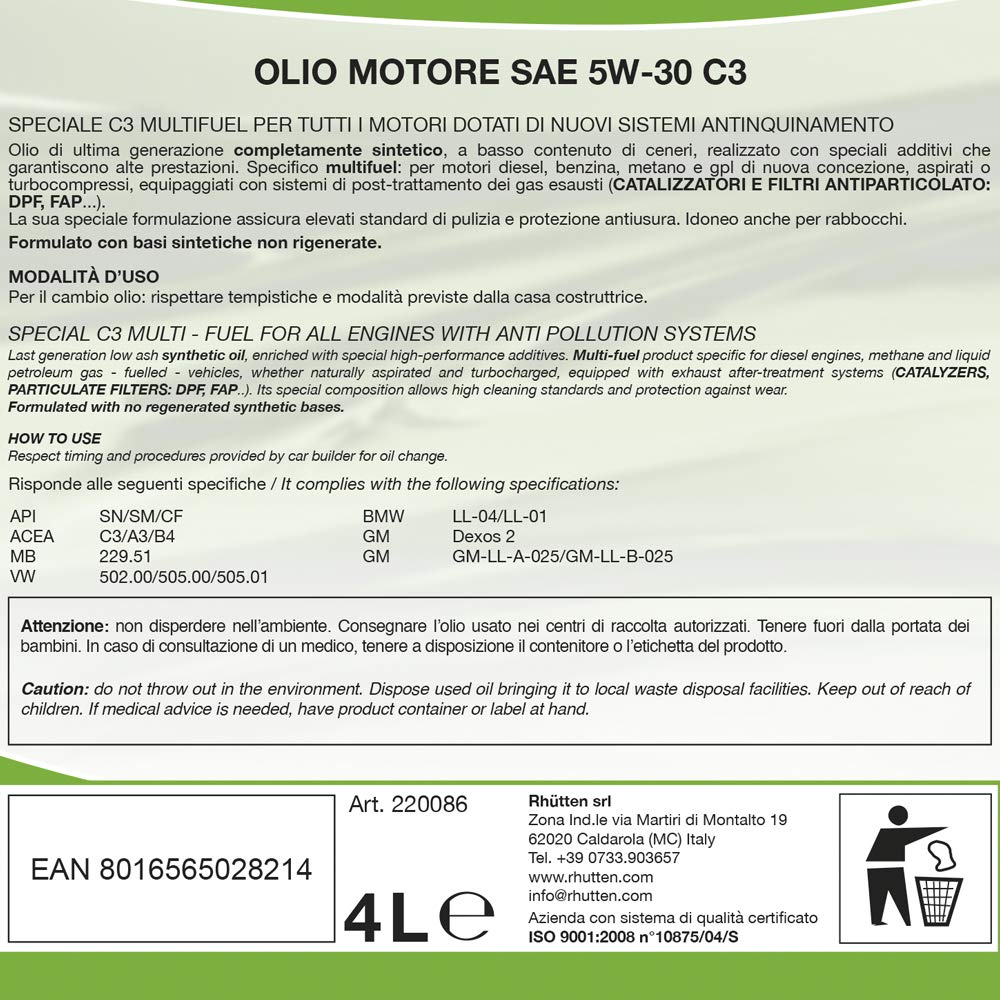 Olio Motore Rhutten Sintetico 5W-30 C3 4L