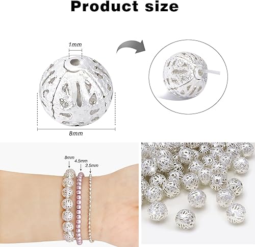 Miniatura 2 de TOAOB - 100 cuentas de bola huecas de filigrana chapadas en plata de 0.315 pulgadas (0.315 in), cuentas espaciadoras sueltas de metal redondas para