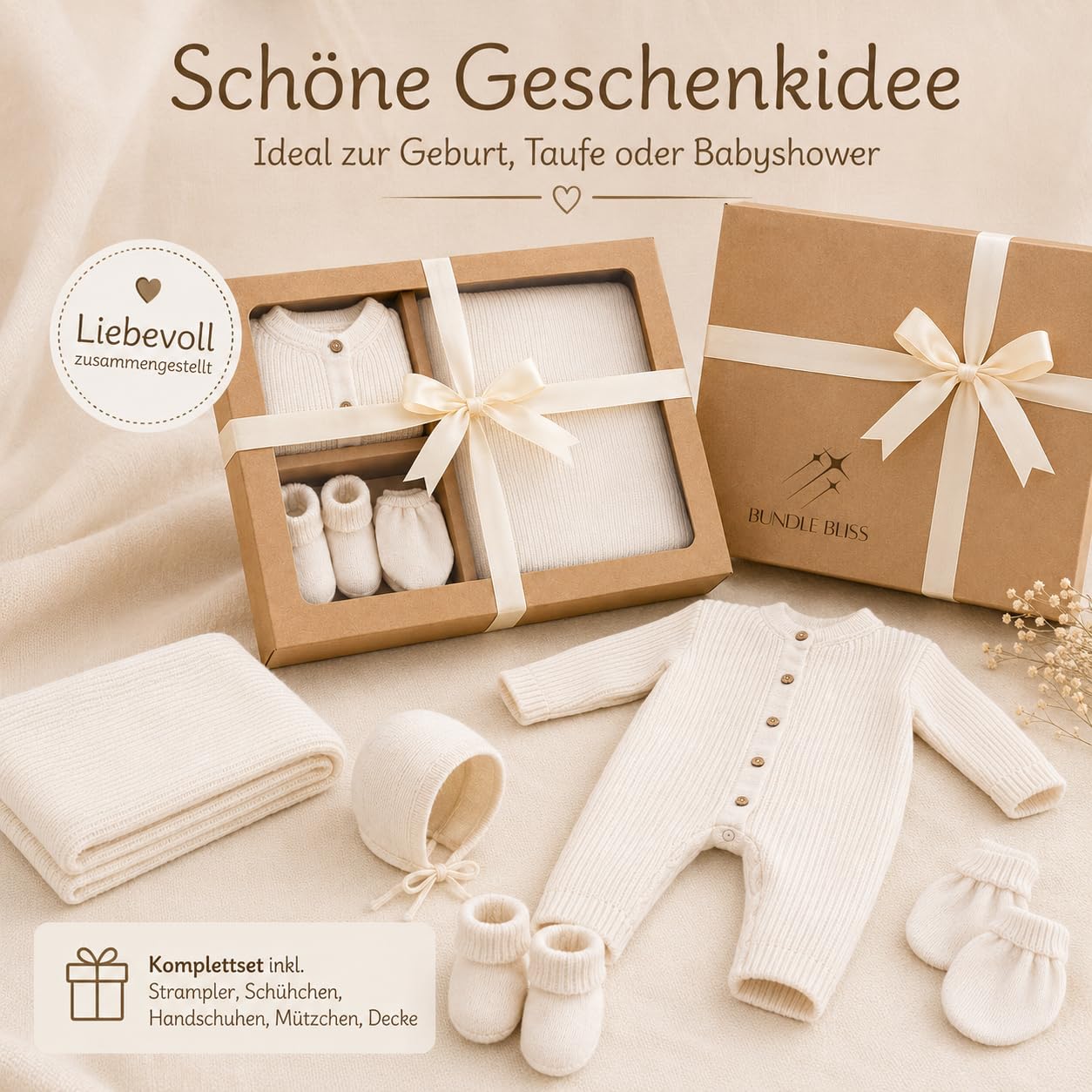 Bundle Bliss Zestaw upominkowy dla niemowląt ze 100% bawełny ekologicznej - śpioszki, koc, rękawiczki, czapka i buty | certyfikat GOTS | miękki, oddychający zestaw odzieży dla niemowląt i niemowląt (0