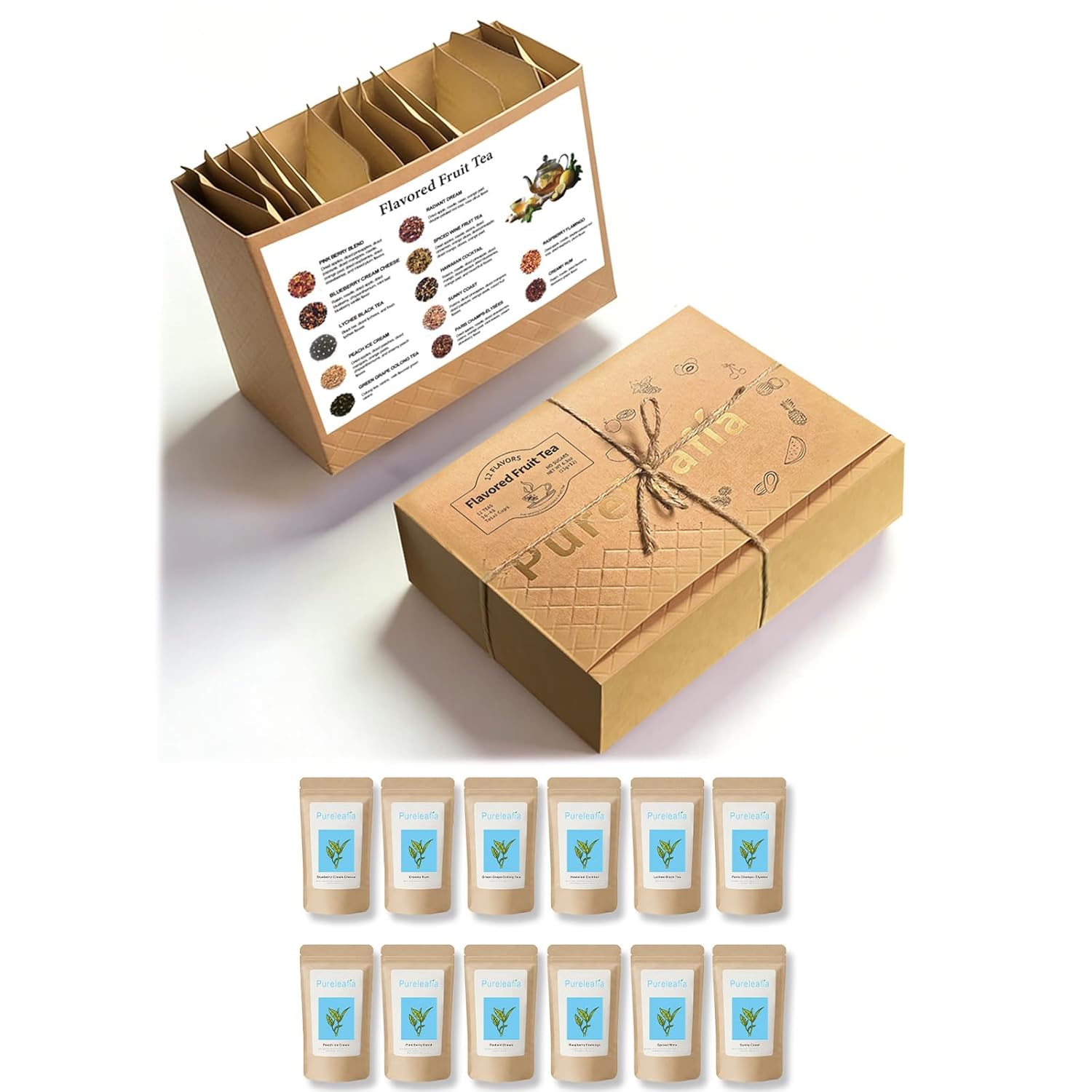 Pureleafia 12-Flavor Fruit Tea Sampler, 15g Pouches Brew 2L Each, Hot & Cold Brew Herbal Infusion, Mixed Caffeine & Caffeine-Free Blends, Low-Temp Dried Sugar-Free Tea for Family Party & Gifting (12 Count)