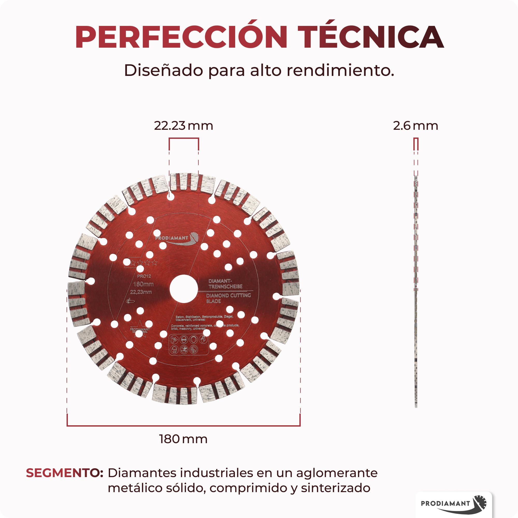 PRODIAMANT PRO12 Disco de corte diamantado Turbo 180 mm x 22,23 mm - altura de segmento 12 mm, para hormigón y materiales de construcción, para amoladora angular