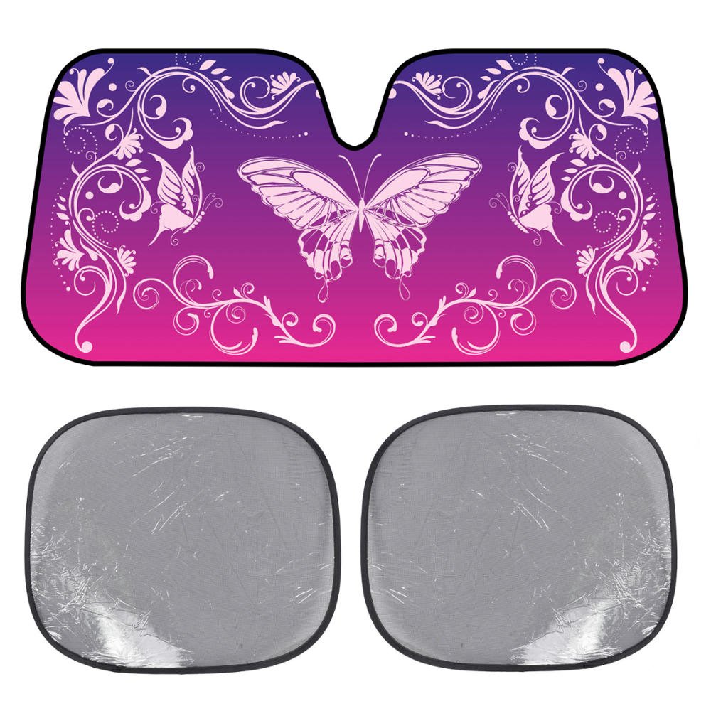 BDK USA Swirl Butterfly Accordion Folding Car Windshield Sun Shade with 2 Side Car Window Shades for Baby - Cute Jumbo Sunshade for Car to Protect Interior & Keep Your Vehicle Cool 58