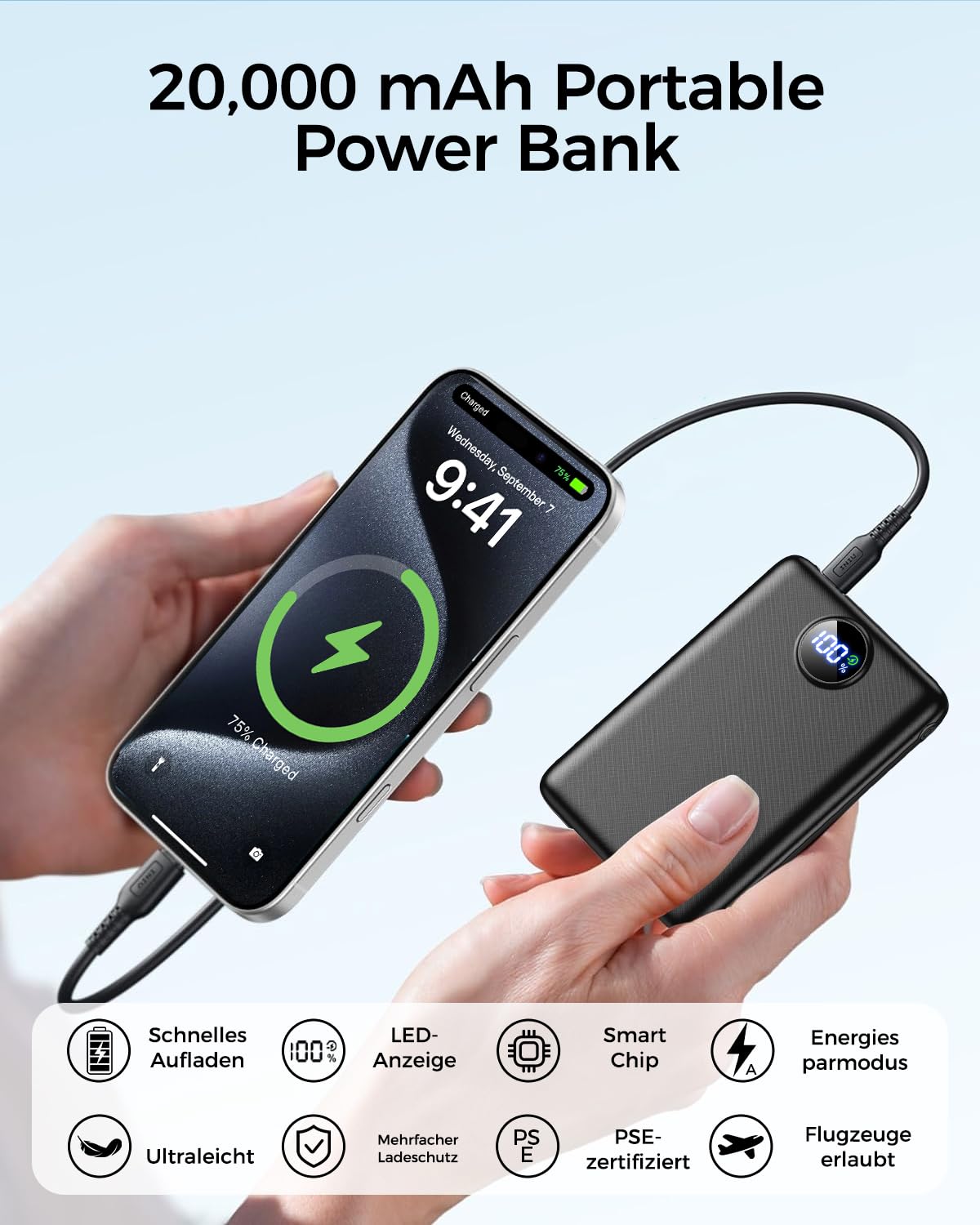 Power Bank 20000mAh 22,5W Carga Rápida con Pantalla LED | Batería externa compacta con PD 3.0/QC 3.0, cargador USB-C para iPhone 17–12 y uso diario o viajes