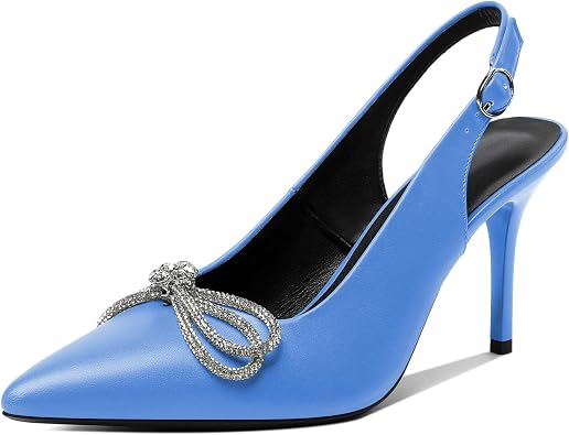 Soireelady Womens Slingback High Heels Rhinestones Bow Closed pointed Toe Ankle Strap Slim Thin Heel Pumps for Wedding Evening Party Dress Shoes 3.5 Inches