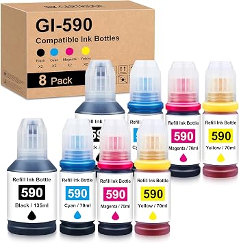 Compatible GI-490 GI-590 Ink 135ml/70ml Replacement for GI 590 GI590 Ink Bottle for CAN G4511 G3501 G1400 G1500 G1510 G2400 G2500 G2510 G3400 G3500 G3510 G4500 G4510 Printer 8 Pack
