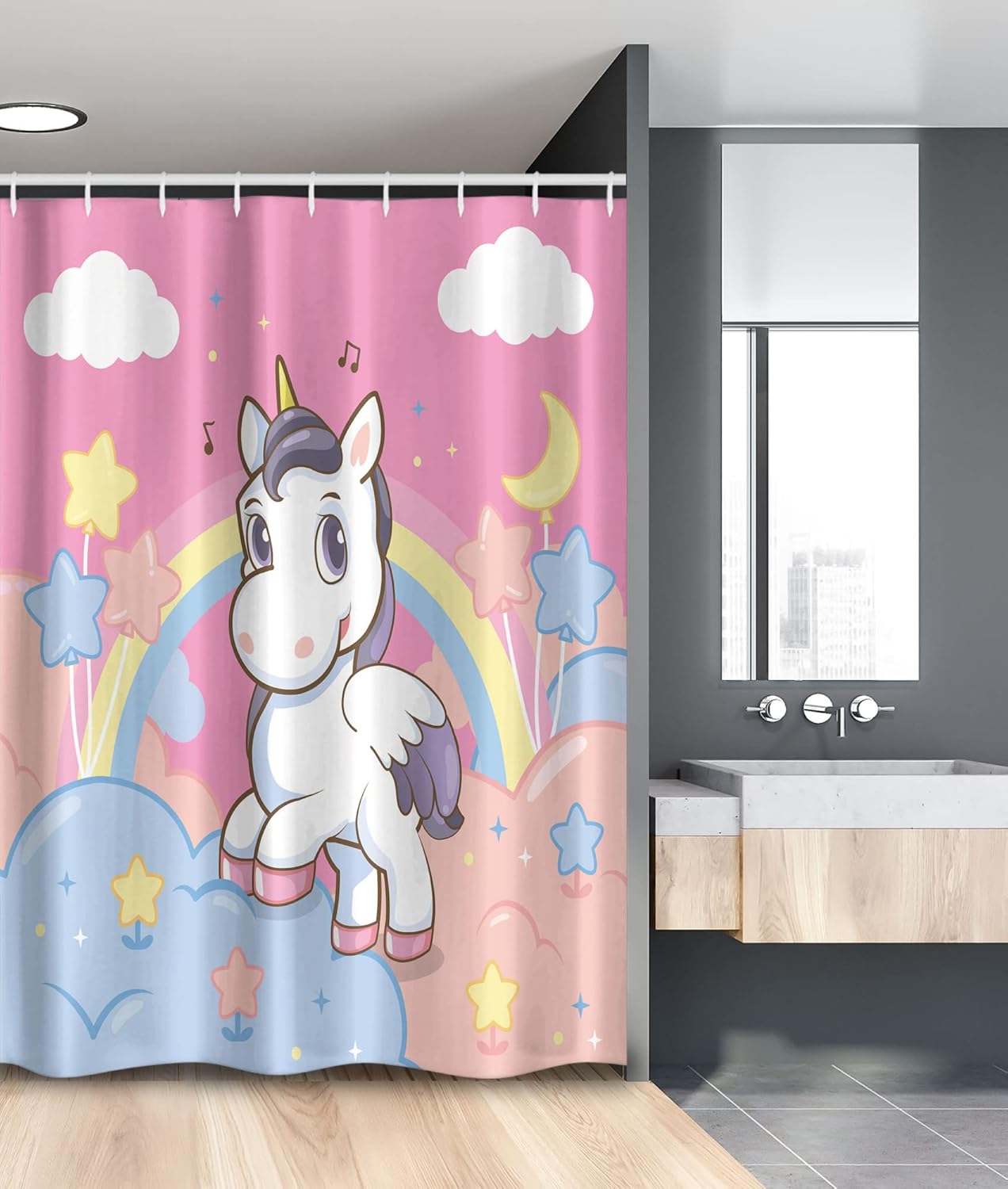 Ambesonne Feminine Stall Shower Curtain, Unicorn Rainbow and Music Notes Clouds in The Sky Art Print, Fabric Bathroom Decor Set with Hooks, 54" W x 78" L, Yellow and Pink