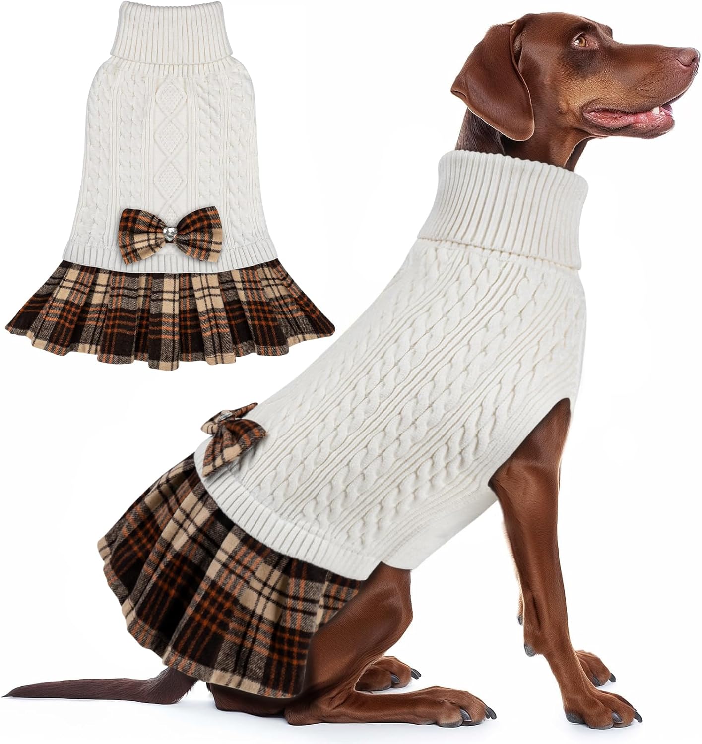 KYEESE Dog Sweaters Dress with Leash Hole with Bowtie Turtleneck Red Dog Knitwear Plaid Pattern Warm Pet Sweater for Medium Dogs White,(XX-Large (Pack of 1))