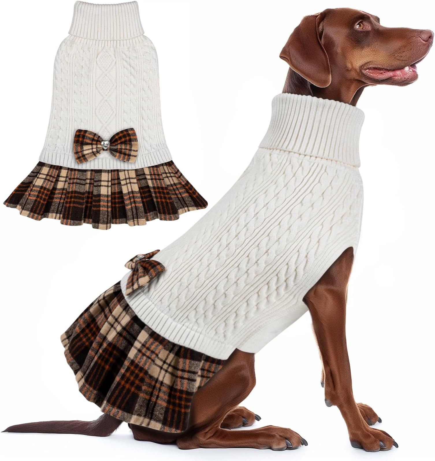 KYEESE Dog Sweater Pullover Dog Sweaters for Large Dogs Soft Turtleneck Pet Sweater Dress with Bowtie Warm Comfy Pet Coats Thick Dogs Clothes, White, XXX-Large